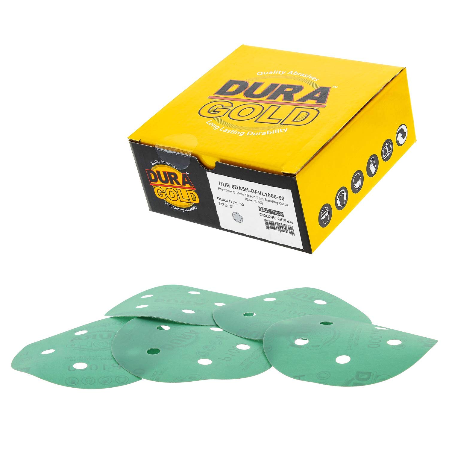 Dura-Gold Premium 1000 Grit 5-Inch Green Film Sandpaper Discs - 50 Pack with 5 Hole Pattern for Dustless Sanding | Hook & Loop Backing for Orbital DA Sanders | Perfect for Automotive Paint Detailing, Wood Finishing & Color Sanding | Ideal for DIY Projects & Professional Woodworking