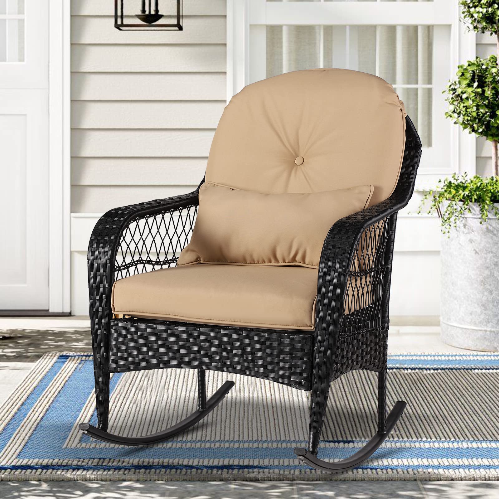 All-Weather Wicker Rocking Chair for Outdoor Use - Patio, Garden, Porch, Balcony & Backyard Furniture with Comfortable Cushions (1PC, Khaki) - Perfect for Relaxing, Sunbathing & Reading in Your Outdoor Space