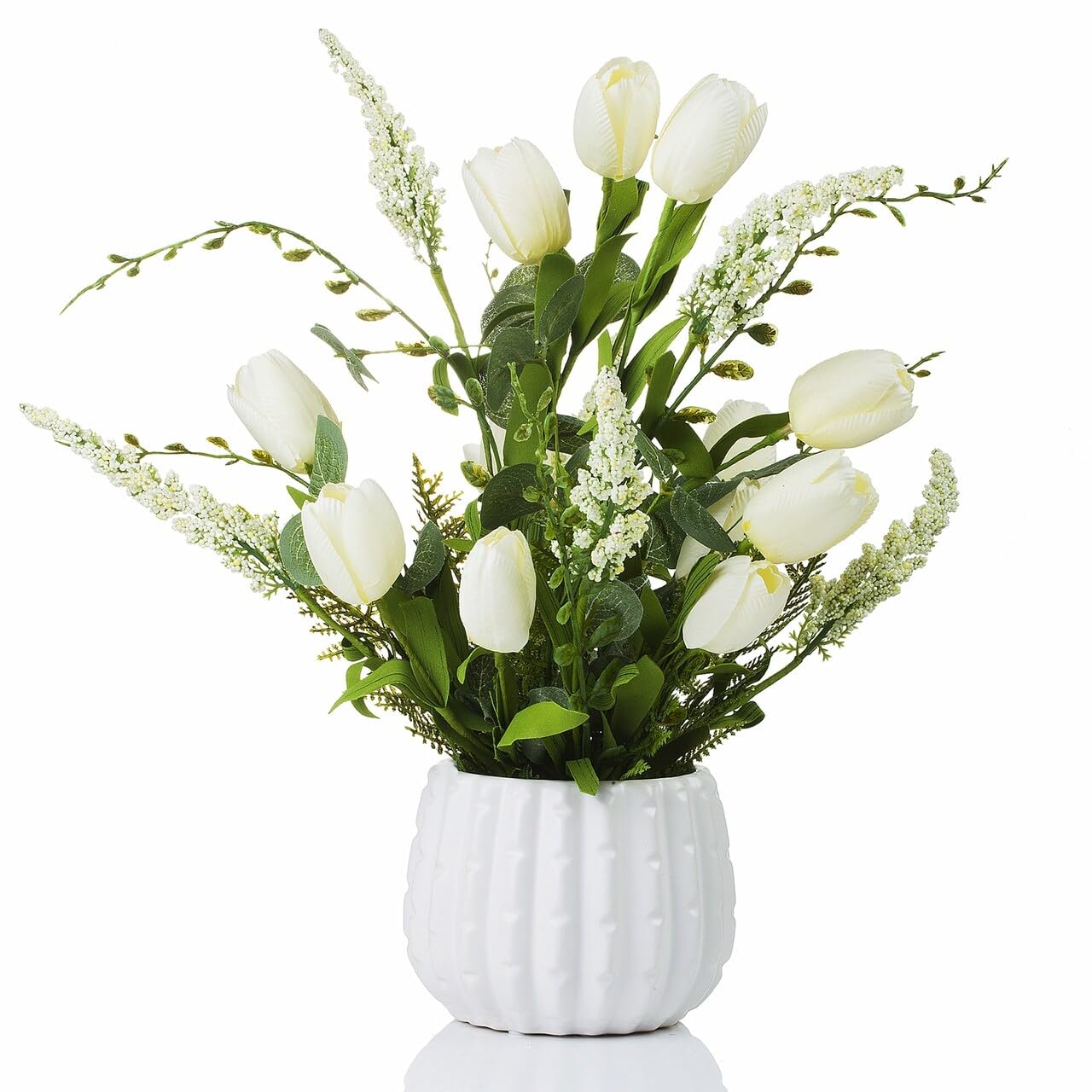 ENOVA HOME Artificial Mixed Tulips Flower Arrangement in White Ceramic Pot - Cream Silk Flowers for Home Decor, Wedding Centerpieces, Table Decorations & Office Desk Decor