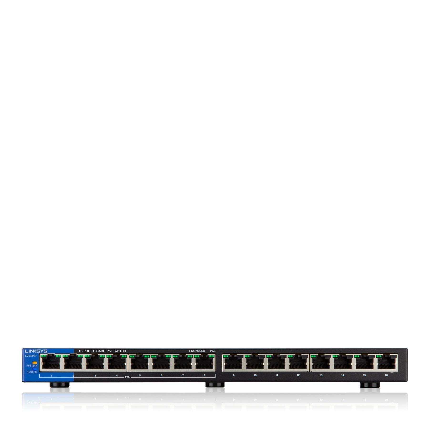 Linksys LGS116P 16-Port Gigabit Ethernet Switch | Unmanaged Network Switch with 8 PoE+ Ports (130W) - Renewed | Ideal for Small Business & Home Office Networking