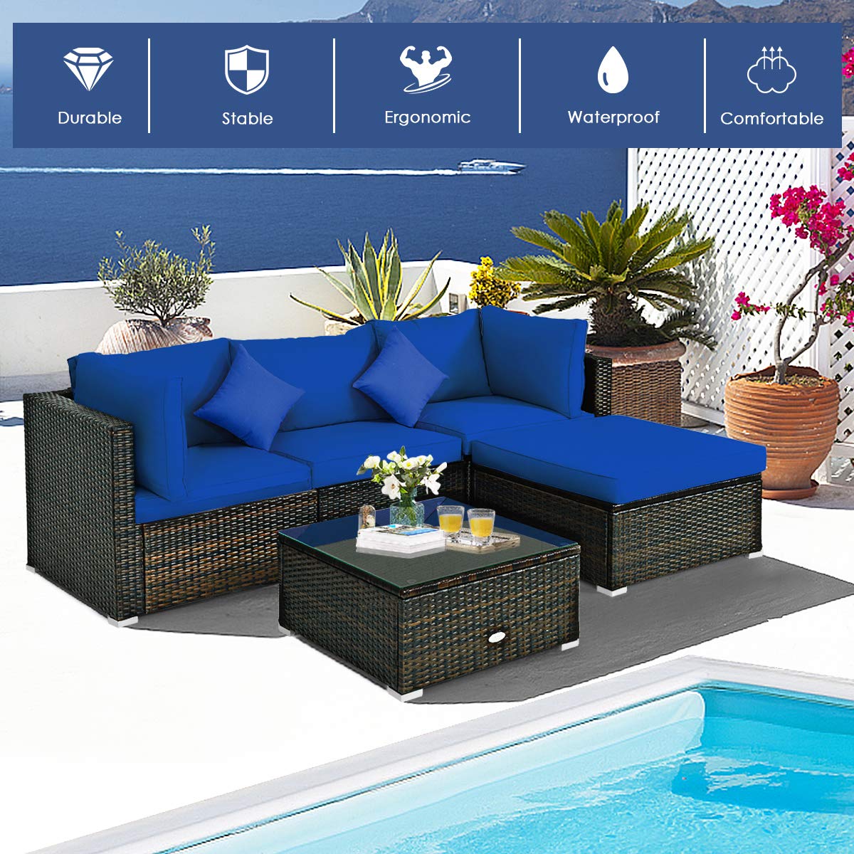 HAPPYGRILL 5-Piece Outdoor Patio Conversation Set - Rattan Wicker Sectional Sofa with Ottoman, Coffee Table, Cushions & Pillows - Perfect for Garden, Lawn, Balcony, Backyard & Poolside Relaxation