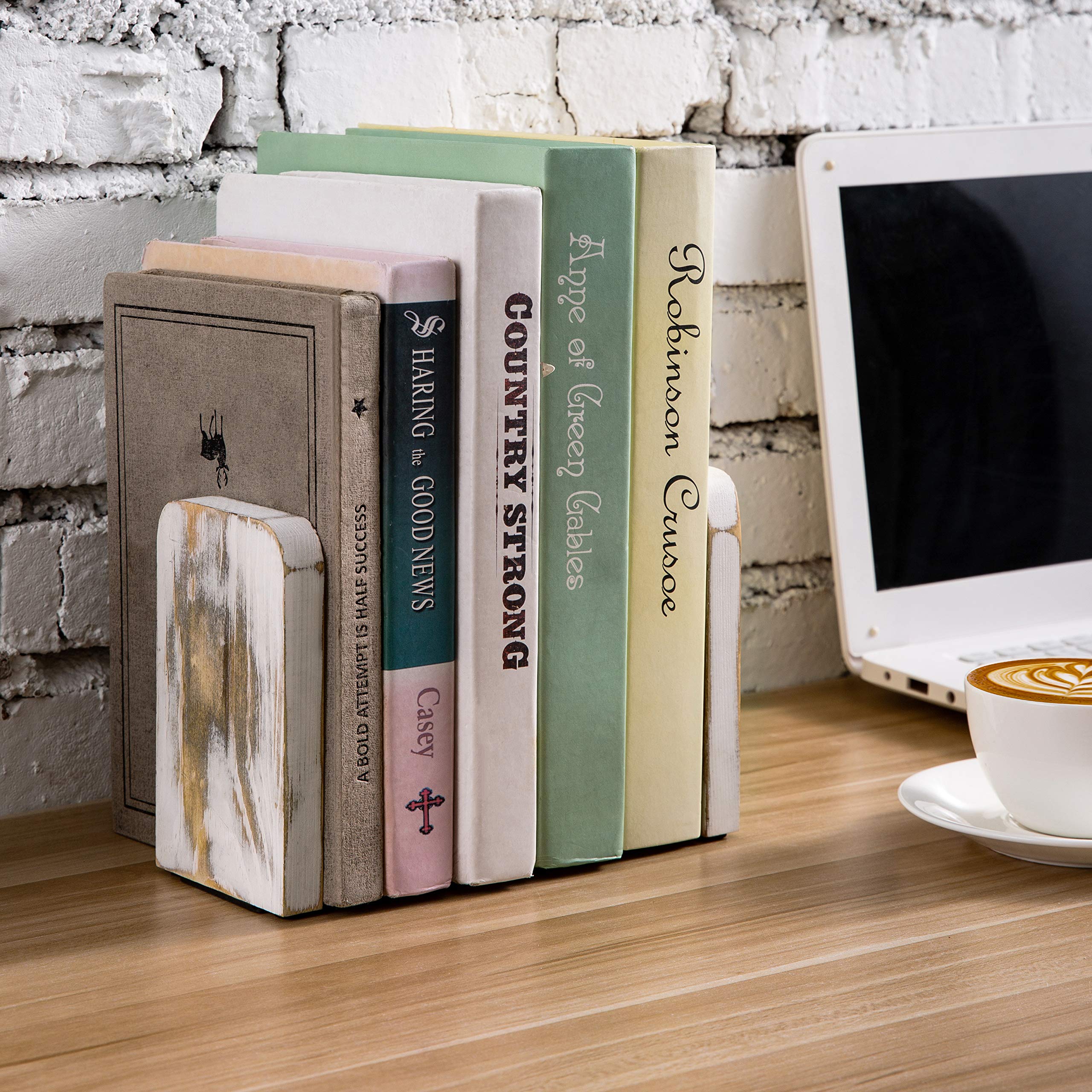 MyGift Whitewashed Wood Bookends for Desk & Bookshelf - Decorative Office Organizer, Rustic Home Decor (1 Pair) - Perfect for Books, Cookbooks, and Displaying Collectibles