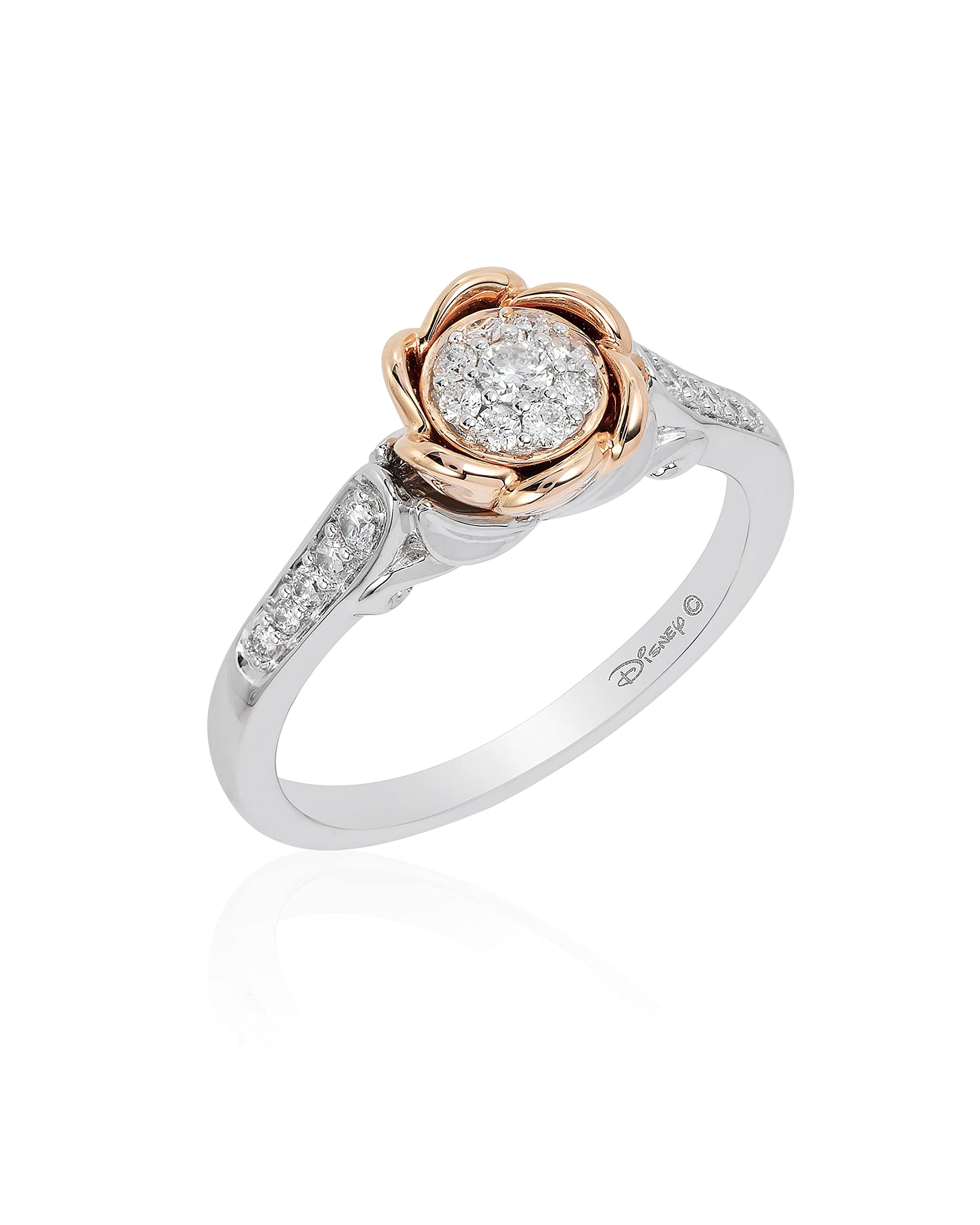 Enchanted Disney Belle Rose Engagement Ring - 14K White Gold & Rose Gold, 1/4 Cttw Diamond | Perfect for Proposals, Anniversaries & Disney-Themed Weddings