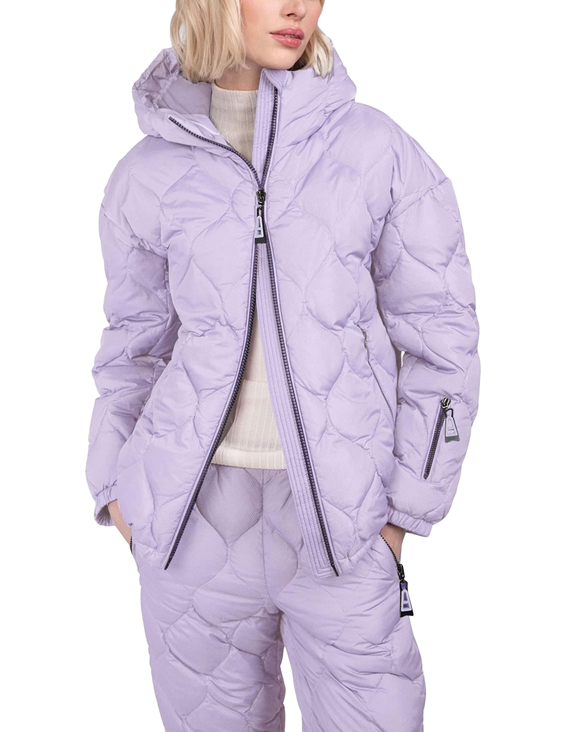 Women's 2-Piece Snow Suit Set - Quilted Waterproof Ski Jacket & Padded Jogger Pants with Hood for Winter Sports | Warm Puffer Coat Outfit for Skiing, Snowboarding & Cold Weather Activities