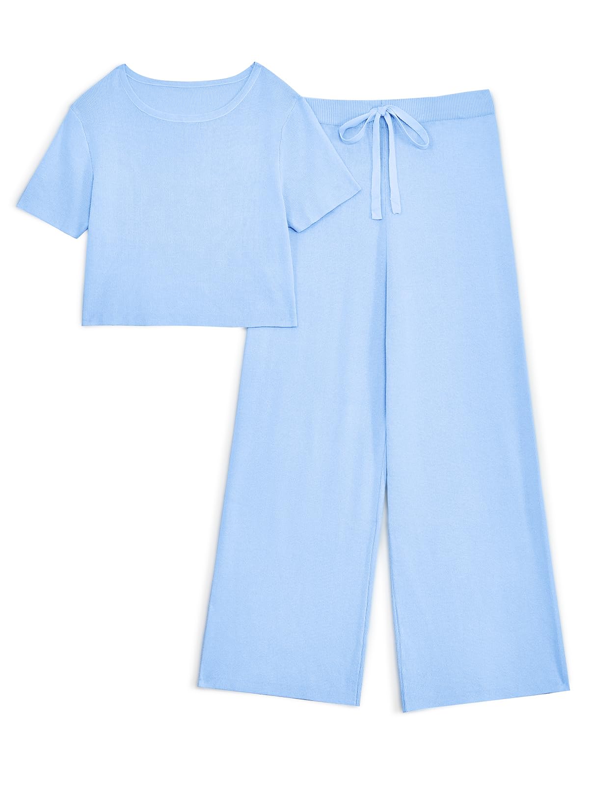 Fisoew Women's 2 Piece Outfits - Soft Knit Short Sleeve Crop Top & High Waisted Lounge Pants Set for Casual Wear, Home, Travel & Street Style