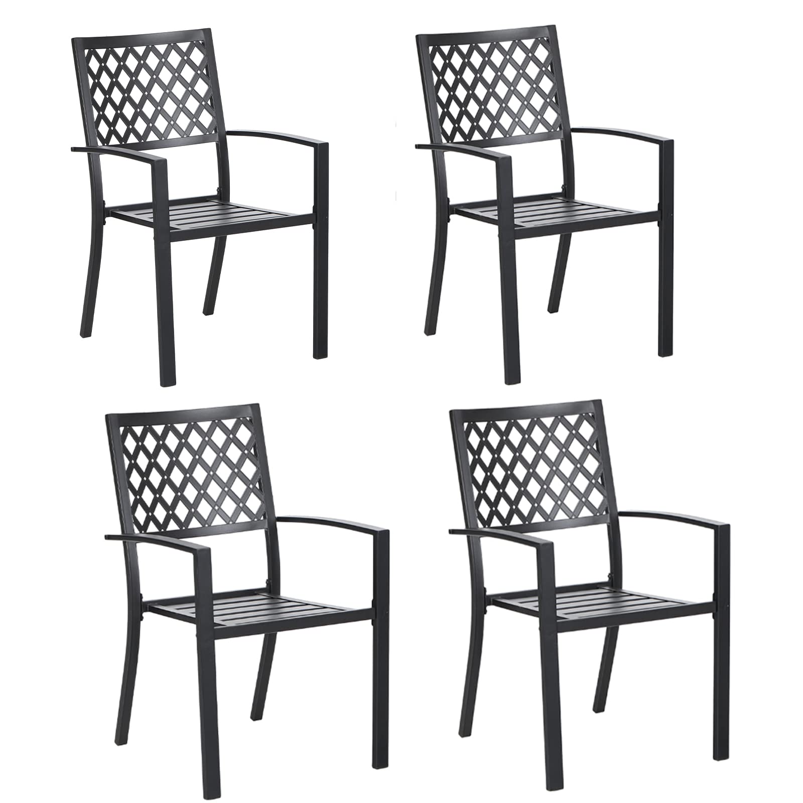 MFSTUDIO Black Metal Stacking Chairs for Patio - Wave Back Design Indoor Outdoor Dining Set - Wrought Iron Arm Chairs (Set of 4) - Perfect for Backyard, Garden, Restaurant & Cafe Seating