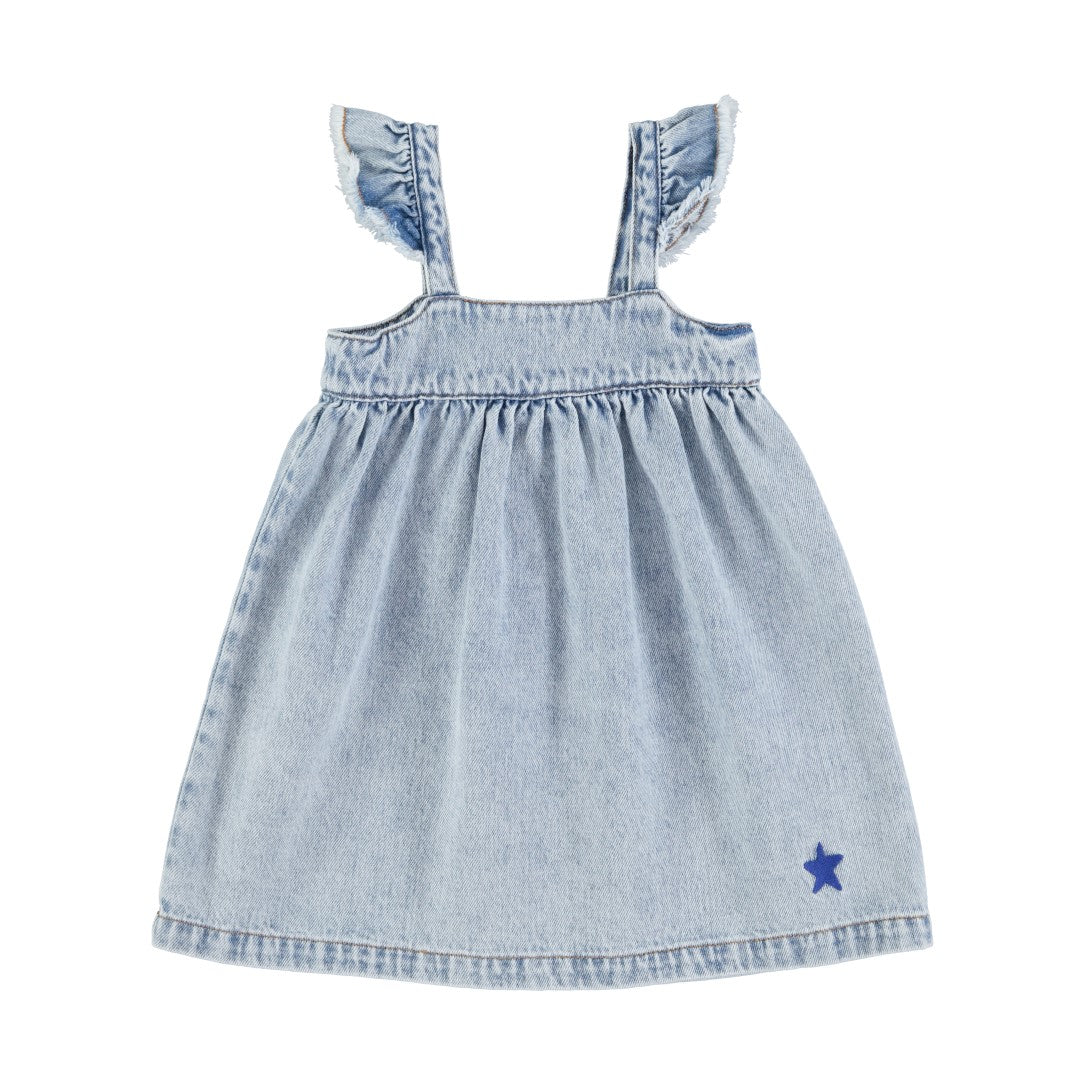 Piupiuchick Washed Blue Denim Knee Length Dress for Women | Casual Summer Dress with Pockets | Perfect for Beach, Brunch, and Date Nights