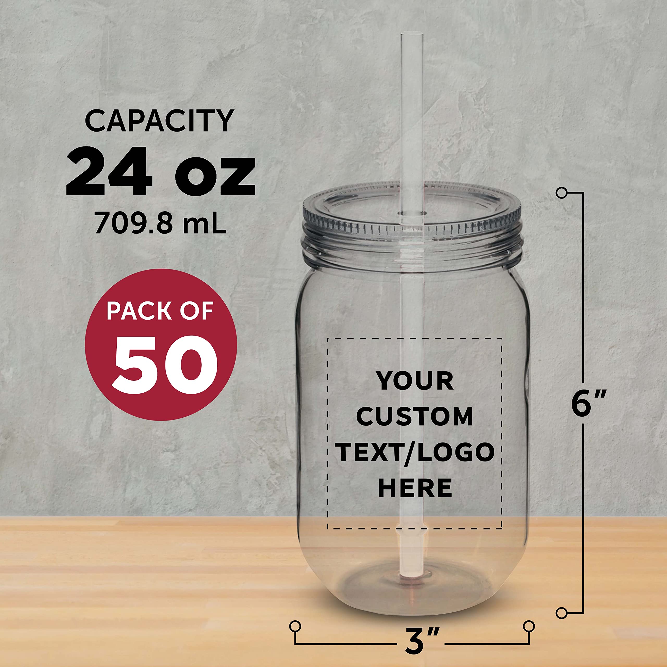 50-Pack 24oz Clear Custom Plastic Mason Jars with Straws - Bulk Personalized Jars for Overnight Oats, Candies, Fruits, Pickles & Beverages - Perfect for Meal Prep, Party Favors & DIY Storage