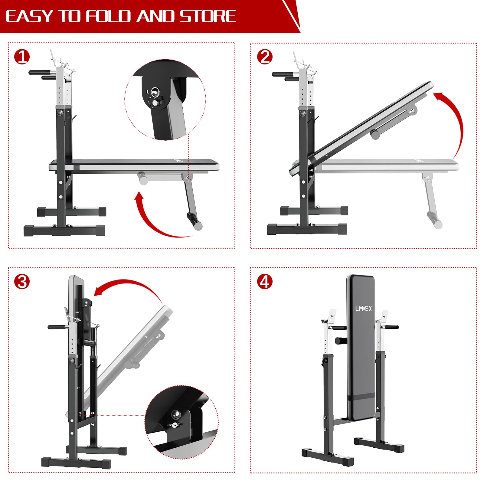 Adjustable Weight Bench Press with Squat Rack - Foldable Multi-Function Home Gym Equipment for Full Body Workout, Strength Training & Dip Station (Grey) - Perfect for Home Gym, Garage Workouts & Small Spaces