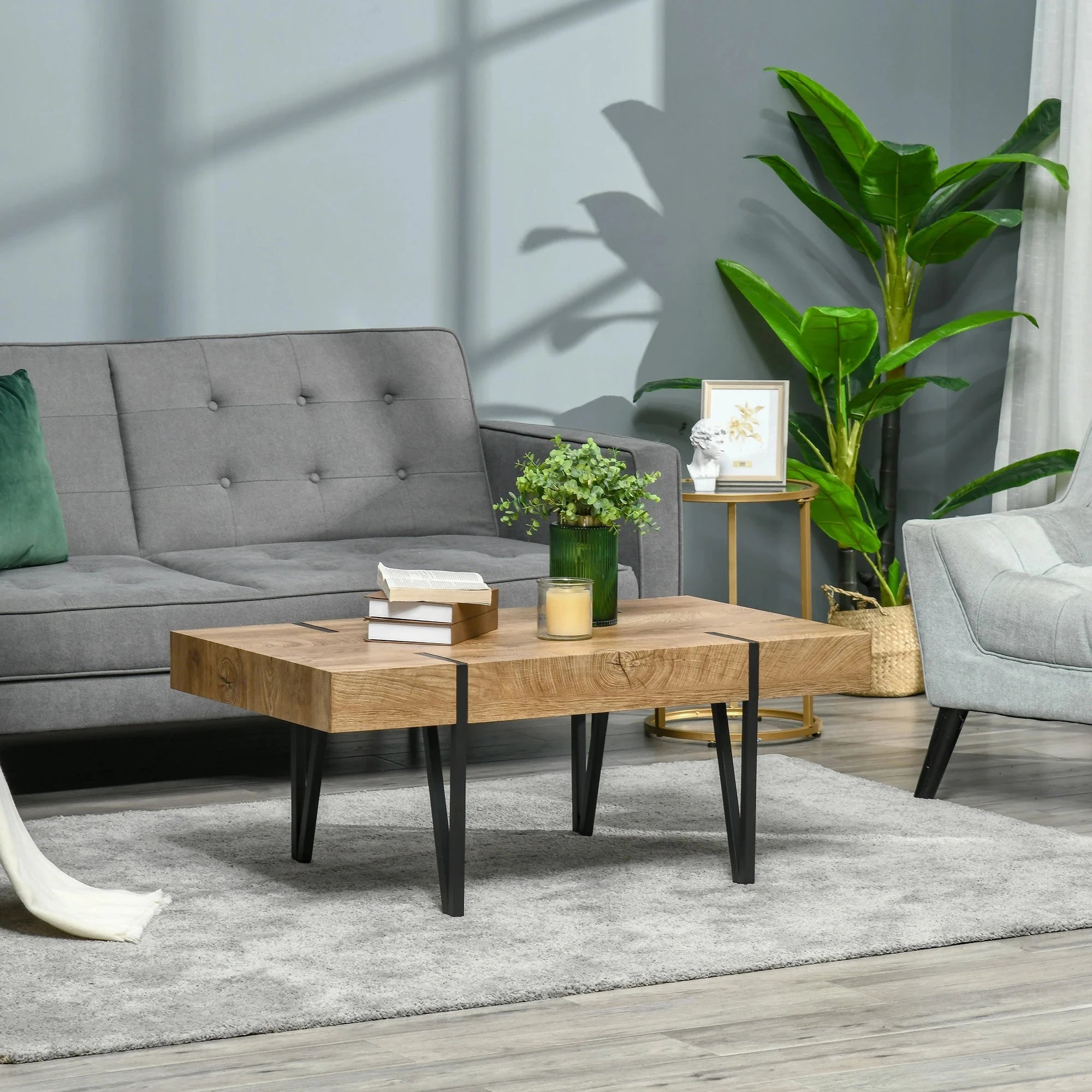 Rustic Coffee Table with Steel Hairpin Legs - Solid Natural Wood Modern Farmhouse Living Room Furniture for Home Decor & Small Spaces