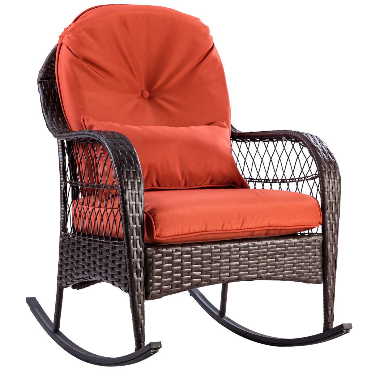 AlphaBaby Patio Rattan Wicker Rocking Chair with Cushion - Outdoor Porch, Deck & Garden Rocker Furniture for Relaxing & Lounging