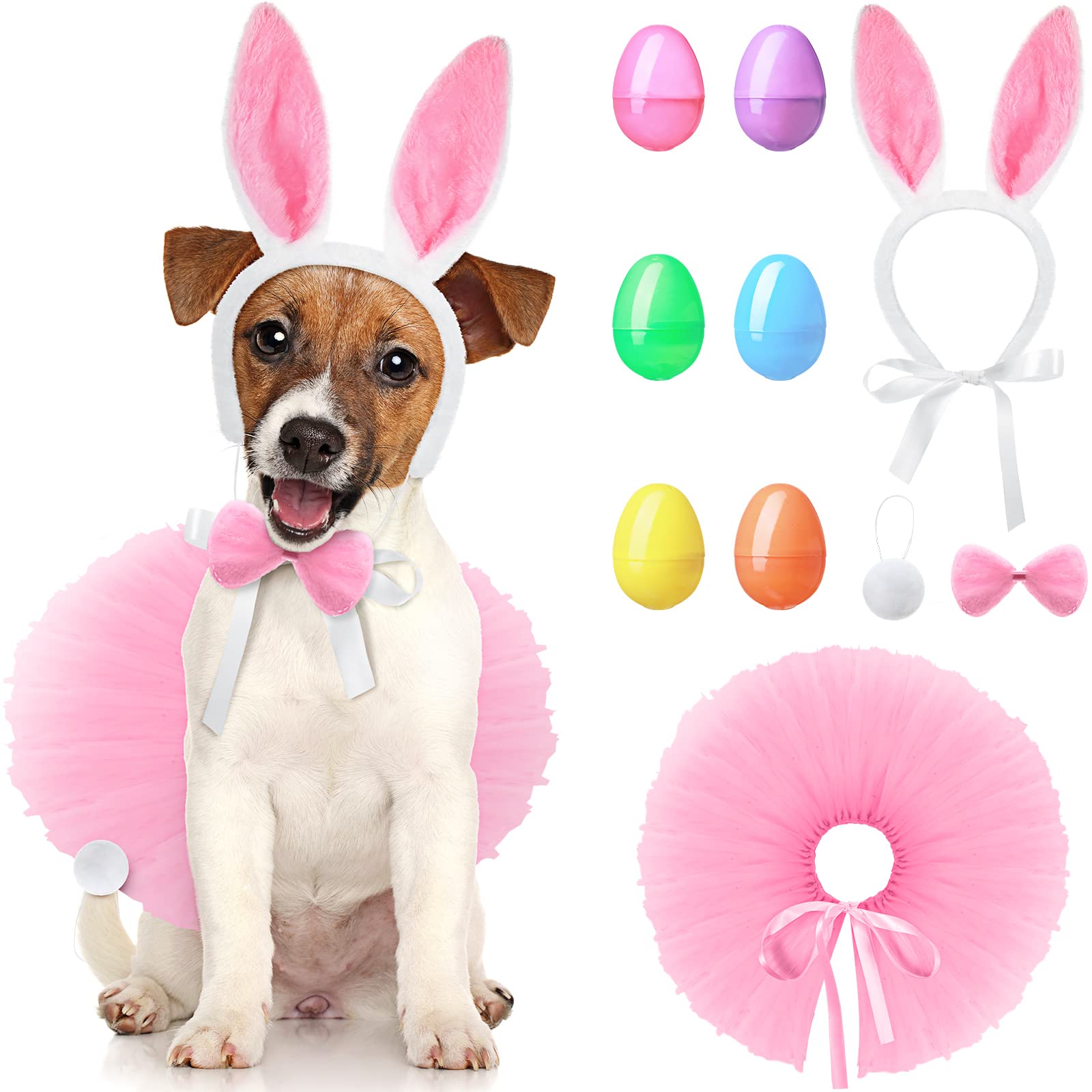 10-Piece Dog Bunny Costume Set with Ears, Tail, Bowtie & Tutu - Fillable Plastic Easter Eggs - Handmade Easter Dog Outfit for Easter Hunt Party, Pet Photo Shoots & Holiday Celebrations