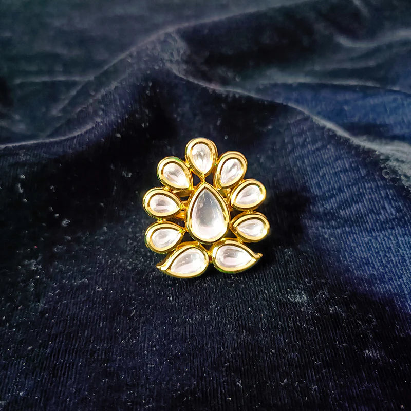 Exquisite Gold Plated Royal Kundan & Ruby Beaded Ring (Design 105) - Elegant Jewelry for Weddings, Parties & Special Occasions