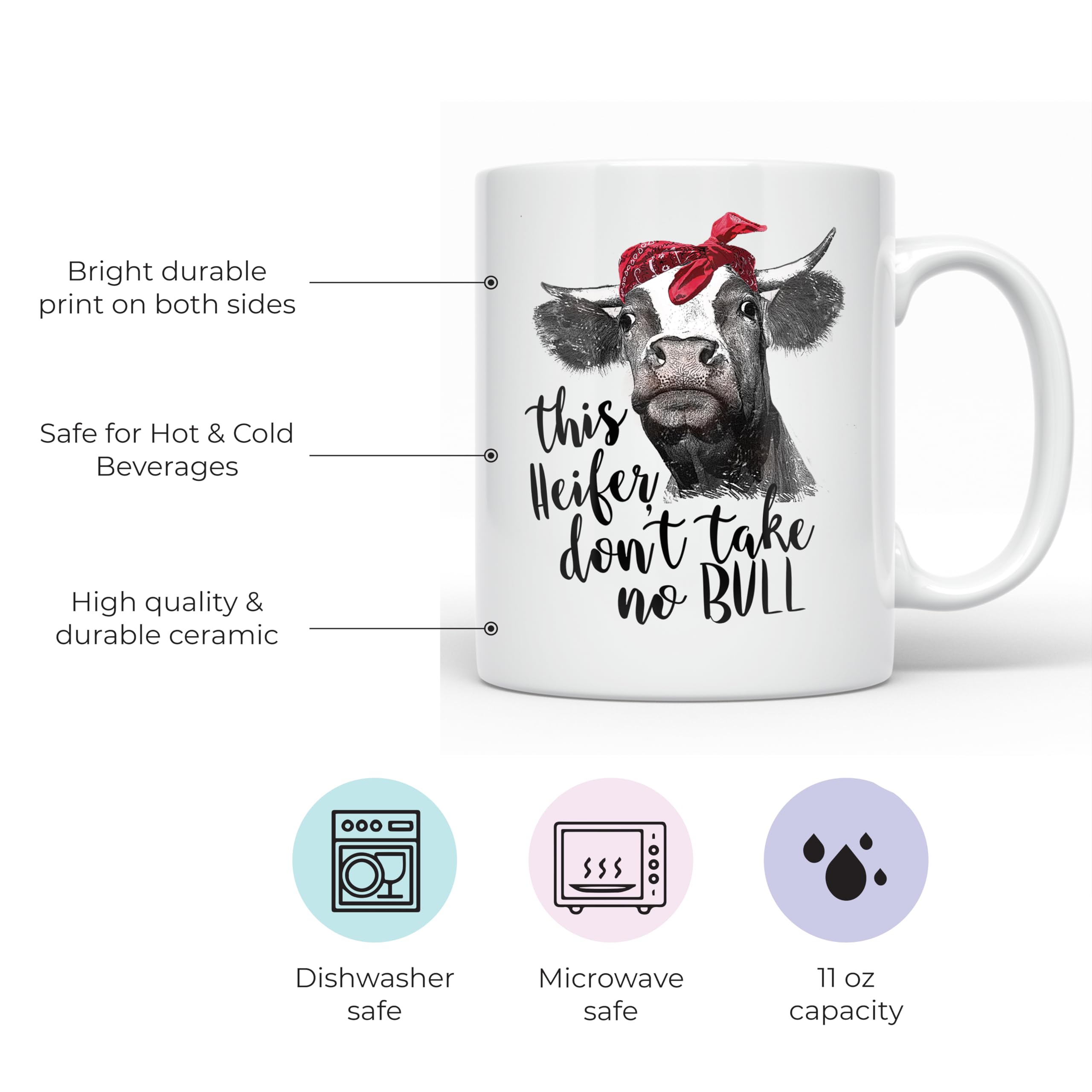 YouNique Designs 11 Oz Cow Mug - Funny Cow Coffee Cup for Cow Lovers, Unique Cow Gifts for Women & Men (White) - Perfect for Farmhouse Decor, Office Use & Coffee Lovers