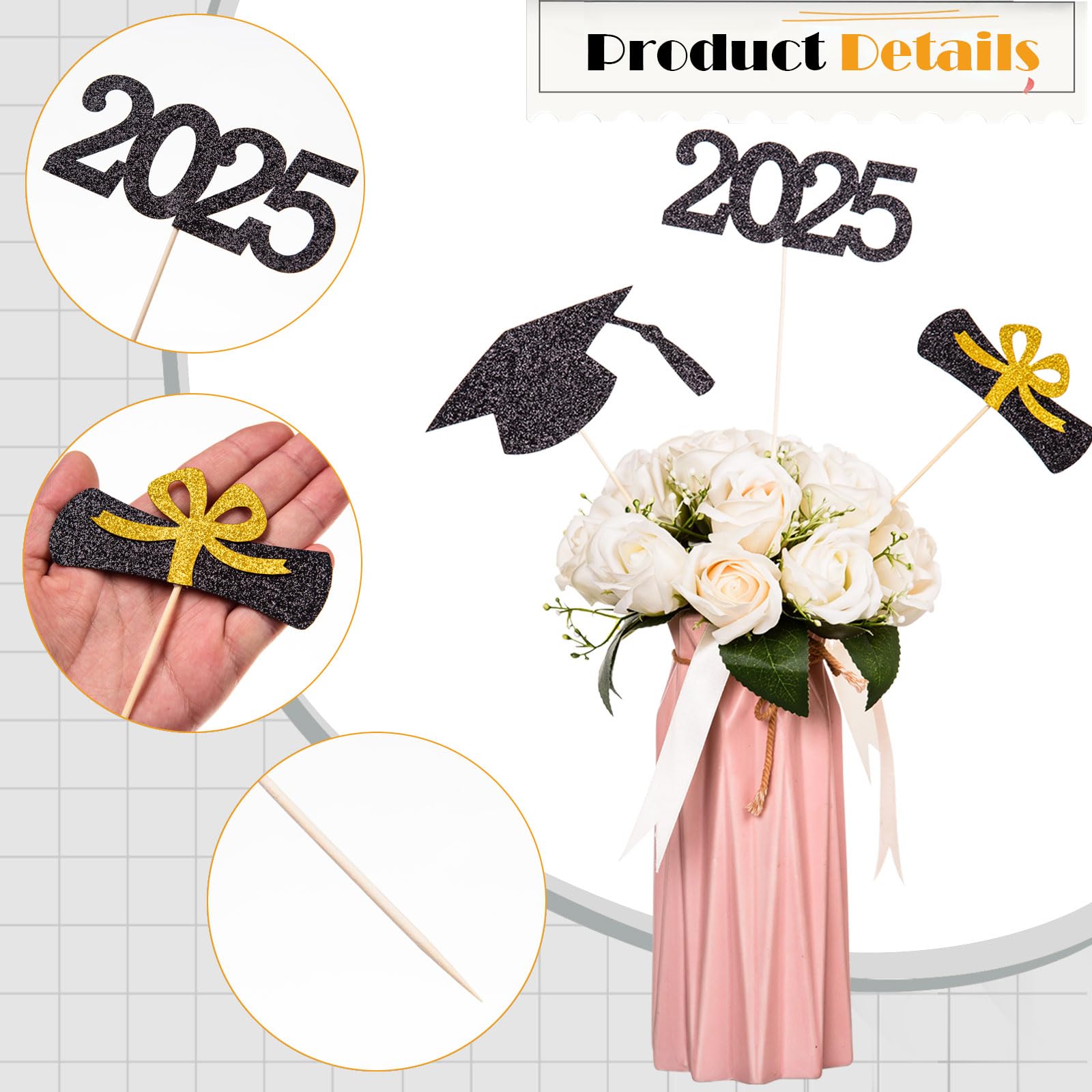 12-Piece Glitter Graduation Centerpiece Sticks - Class of 2025 Cake Toppers & Floral Picks for High School & College Graduation Parties (Black) | Perfect for Graduation Decorations, Table Centerpieces, and Photo Backdrops