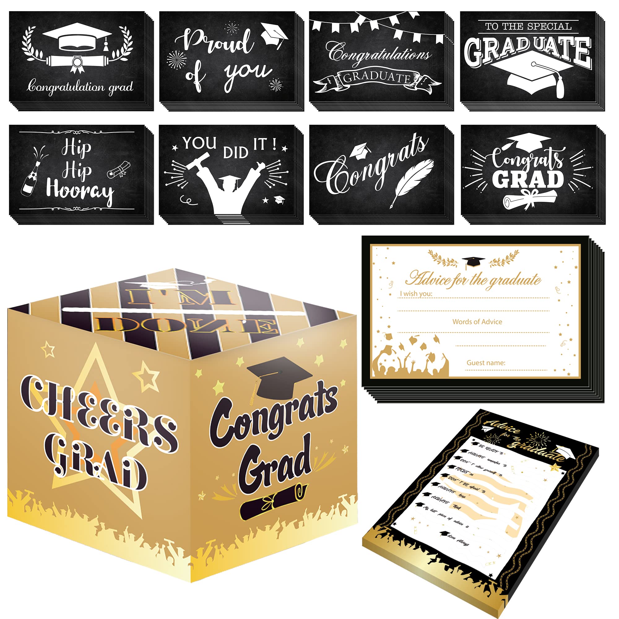 2023 Graduation Cards - 64 Pack Black Graduation Advice Cards with 25-Pack Gift Box | Graduation Party Favors, Decorations & Wishes for Class of 2023 | Perfect for Graduation Ceremonies, Open House Parties & Senior Send-offs