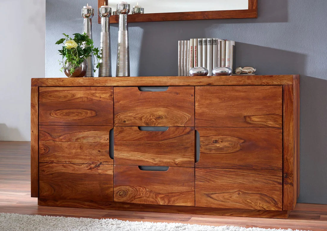 Gfine Solid Sheesham Wood Sideboard - 2 Doors & 3 Drawers, 150x45x76cm - Perfect for Living Room Storage & Dining Room Organization