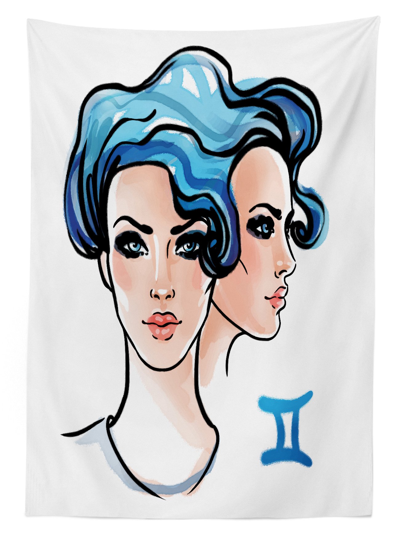 Ambesonne Zodiac Gemini Outdoor Tablecloth - Ink & Watercolor Art Air Sign Design, Washable Picnic Table Cover 58x84 Inches - Blue Peach Black - Perfect for Garden Parties, BBQs & Picnics