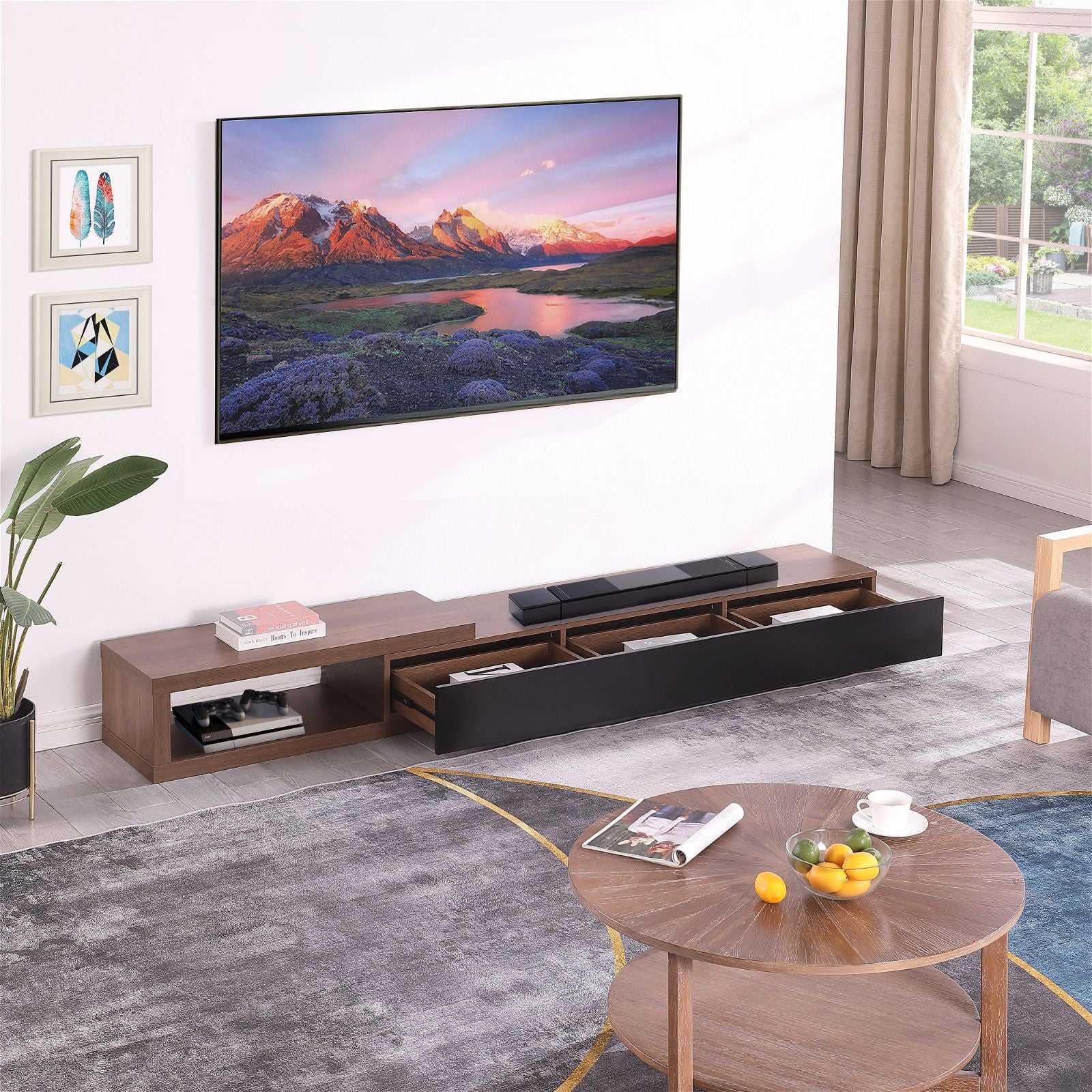 Criterion Durham Extendable TV Stand 260cm - Dark Oak Lowline Media Console for Living Room, Bedroom & Home Theater