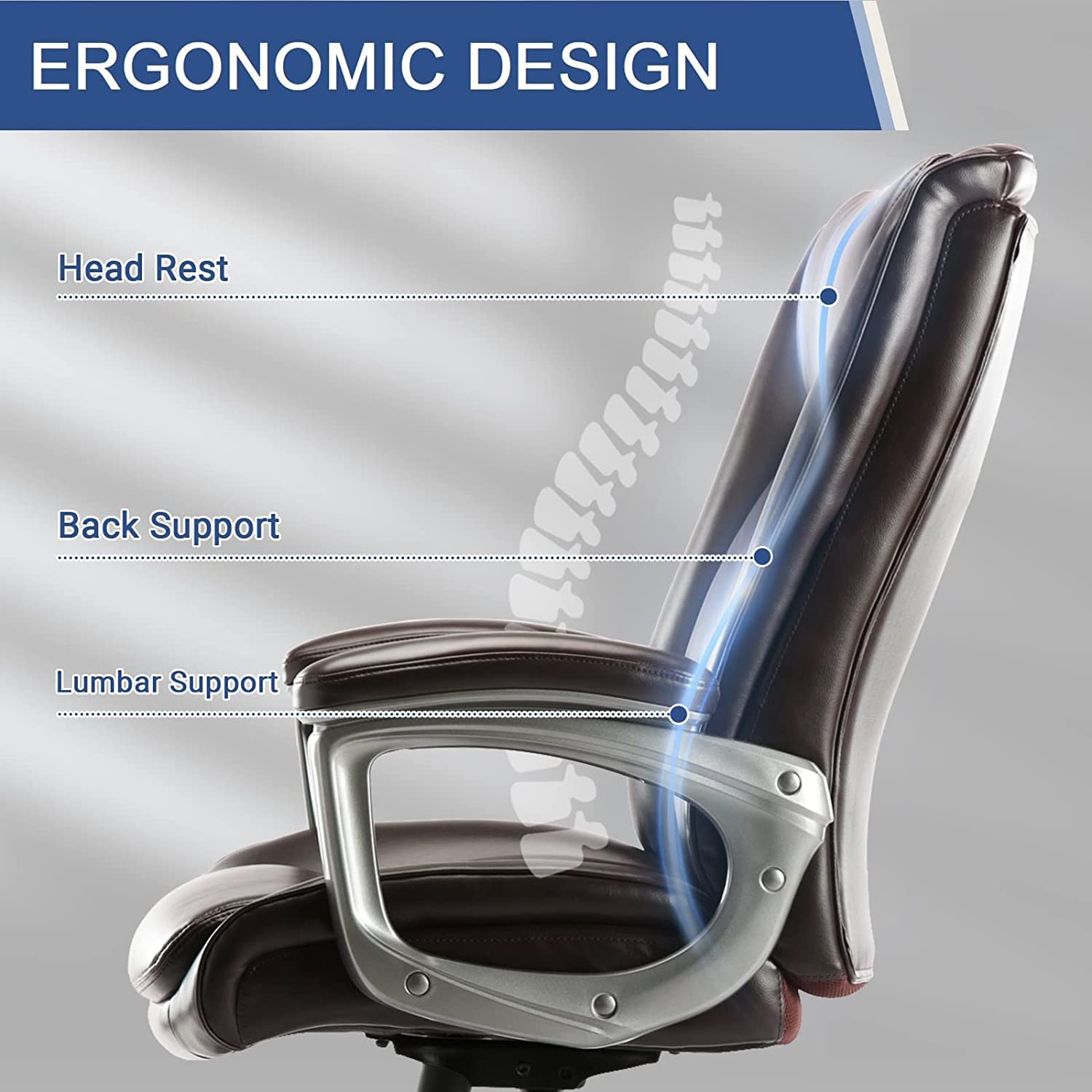 Ergonomic High Back Executive Office Chair - Adjustable Height & Lumbar Support, Faux Leather Swivel Desk Chair for Home & Office, Dark Brown - Perfect for Long Work Hours & Managerial Workspaces