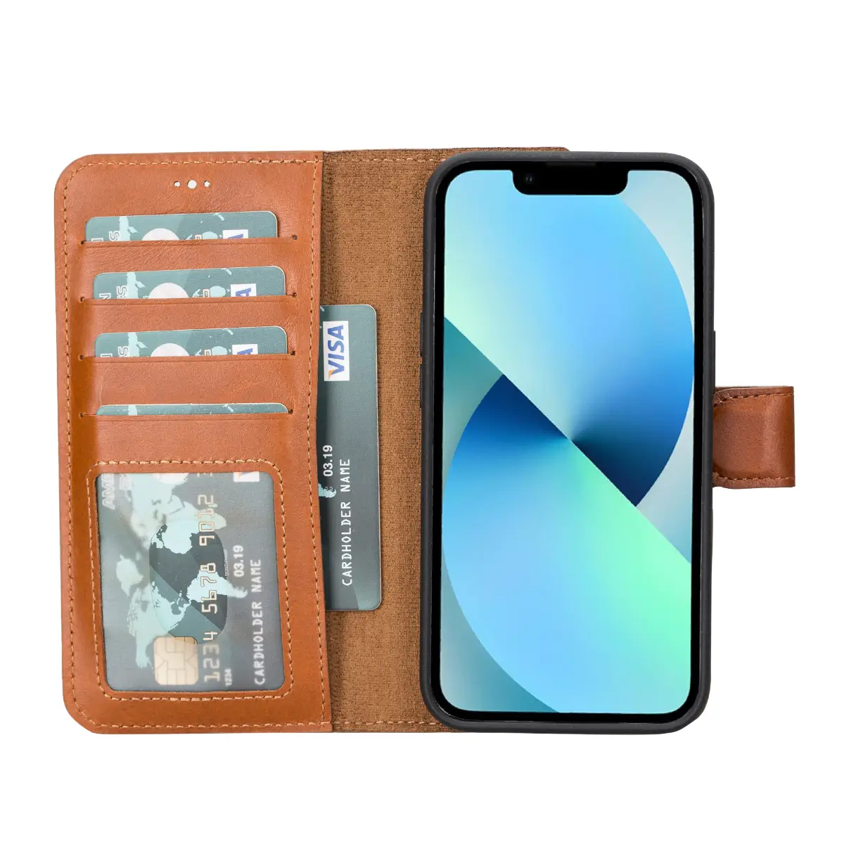 Premium Burnished Tan Leather Wallet Case for iPhone 14 - Slim Protective Cover with Card Slots | Perfect for Everyday Use, Travel & Business (iPhone 14 Case)