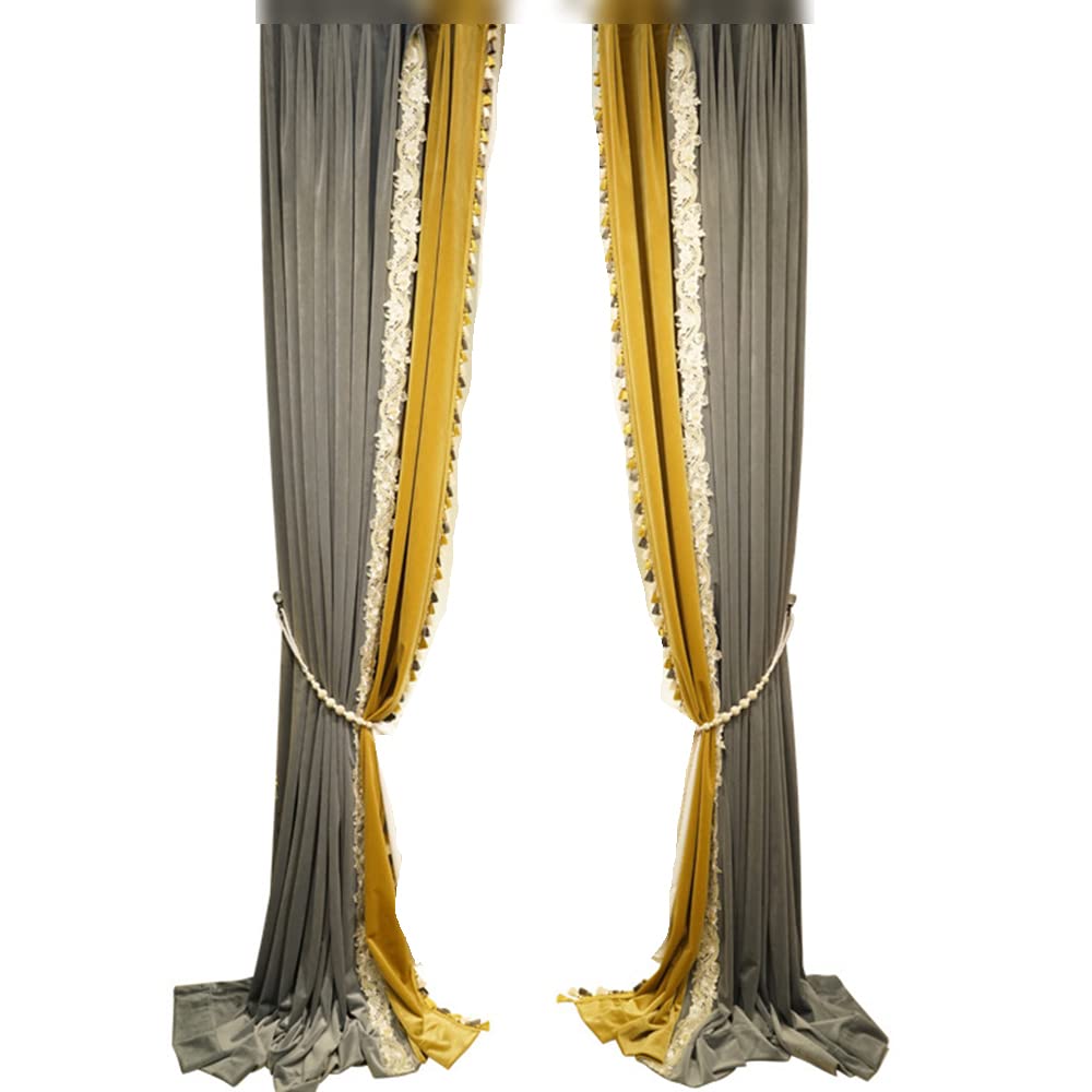 Luxury Velvet Blackout Curtains for Living Room & Bedroom - Soft Thermal Insulated Grommet Drapes with Tassel Trim, Set of 2 Panels (Grey & Yellow, 75