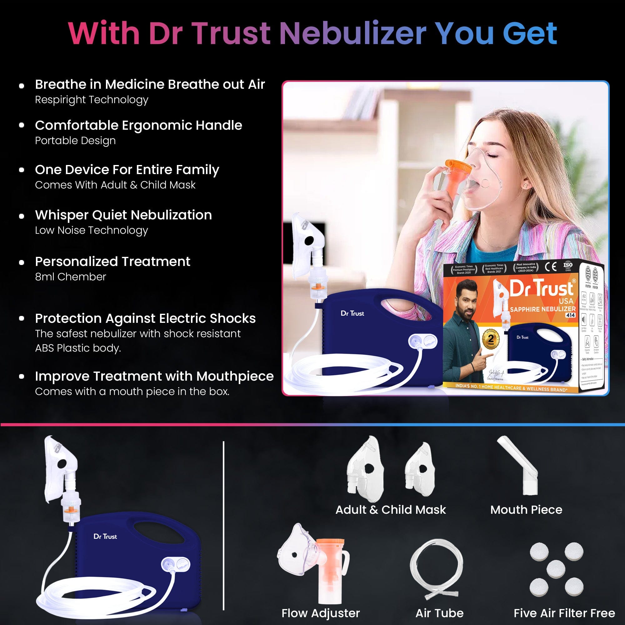 Dr Trust USA Sapphire Compressor Nebulizer Machine 414 - Ultra Quiet Portable Home Nebulizer for Adults & Kids with Complete Mask Kit - Perfect for Asthma, COPD & Respiratory Treatments at Home