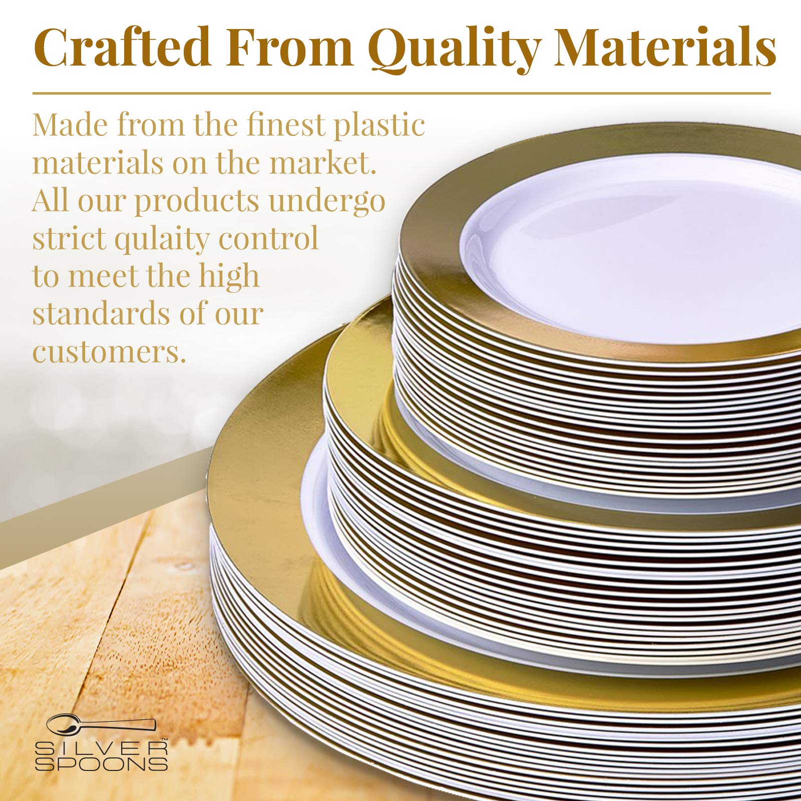 Elegant 60-Piece Disposable Dinnerware Set - 20 Dinner Plates, 20 Salad Plates, 20 Dessert Plates | Heavy Duty Silver Spoons Party Dishes with Fine China Look | Perfect for Weddings, Catering & Upscale Events (Ritz Gold)