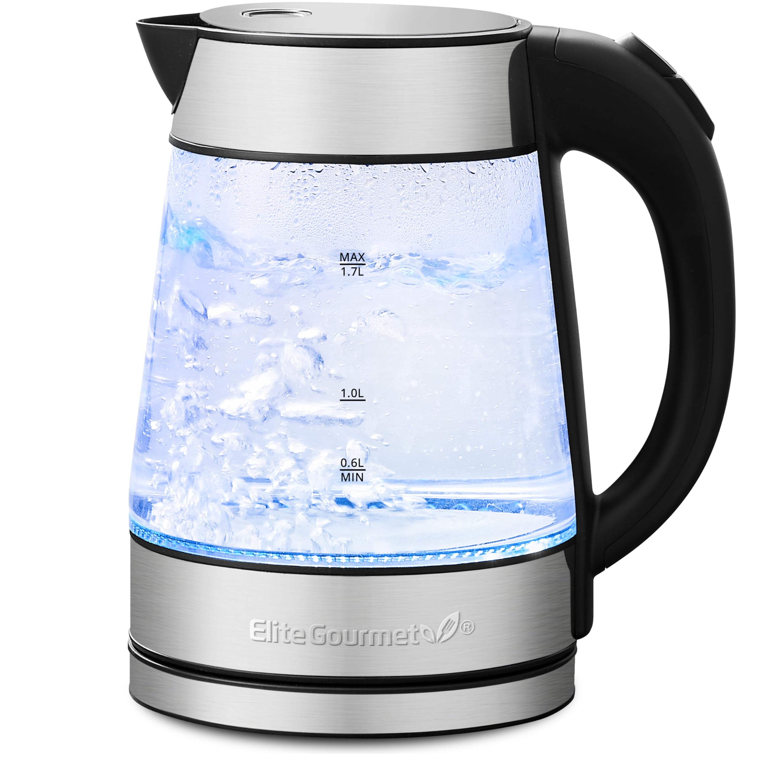 Elite Gourmet EKT-602 Electric Glass Kettle - BPA-Free, 360° Cordless Base, Blue LED Light, Auto Shut-Off - Fast Boiling for Tea, Coffee & Hot Drinks - Perfect for Home, Office & Dorm Use