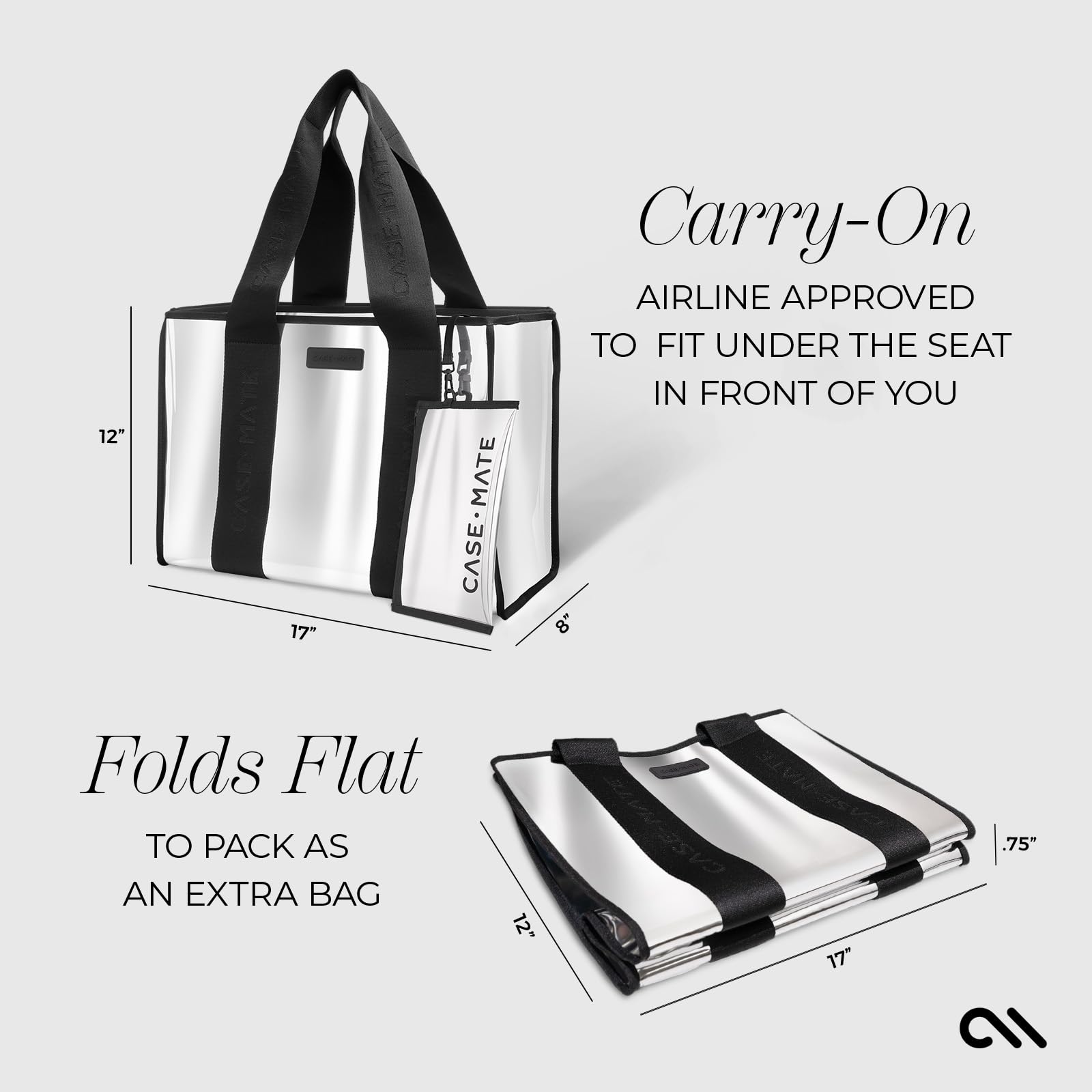 Case-Mate Silver Chrome Beach Tote Bag for Women - Lightweight Waterproof Foldable Tote with Phone Pouch - Perfect for Beach, Pool, Travel & Vacation - Large Durable Washable Tip-Proof Beach Bag | Great for Summer Outings, Weekend Getaways & Coastal Adventures