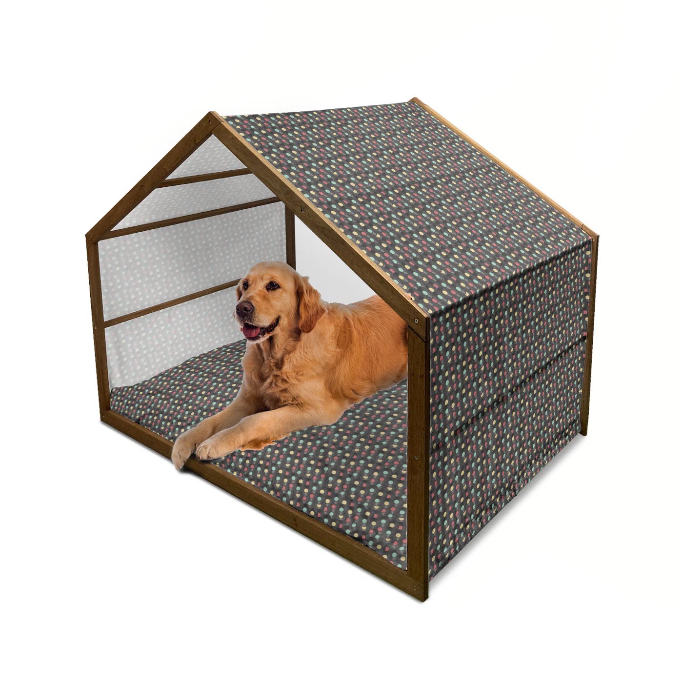 Lunarable Wooden Dog House with Retro Vinyl Record Design - Vintage Style Indoor & Outdoor Portable Pet Kennel with Pillow & Cover - 2X-Large Size in Dark Taupe Multicolor - Perfect for Backyard, Patio or Living Room Pet Shelter
