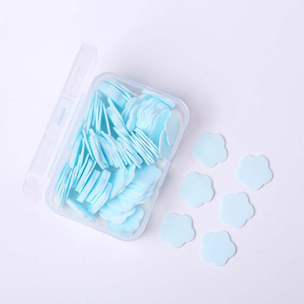 100Pcs Blue Mini Portable Travel Soap Paper Sheets - Flower Shaped Disposable Hand Cleansing Wipes for Camping, Hiking, Travel & Outdoor Activities | Skin Care & Personal Hygiene Essentials