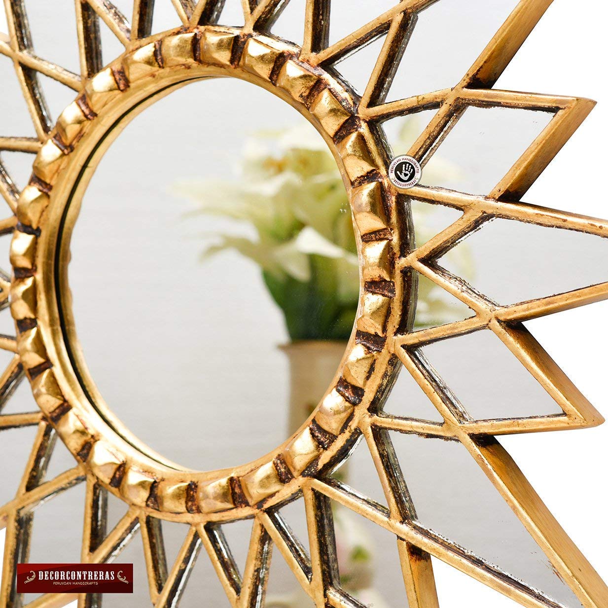 Handmade Peruvian Gold Starburst Wall Mirror 23.6 Inch - Decorative Gold Leaf Mirror for Living Room, Bedroom & Entryway - Elegant Wall Art Decor for Home & Office Spaces