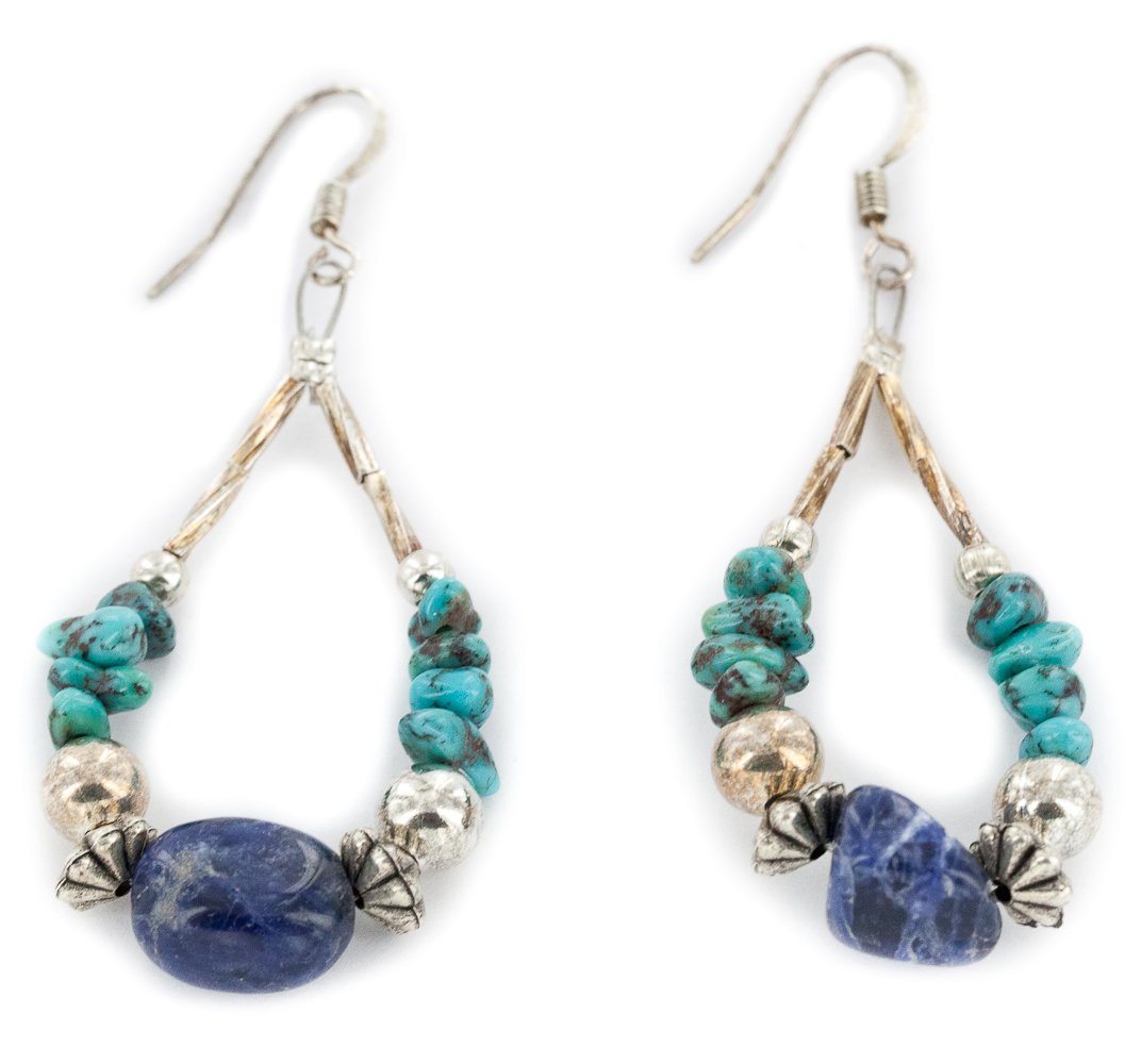 Authentic Native American Silver Hoop Earrings with Turquoise & Lapis - Handmade by Loma Siiva - $90 Tag Certified - Perfect for Boho Fashion & Cultural Jewelry Collections