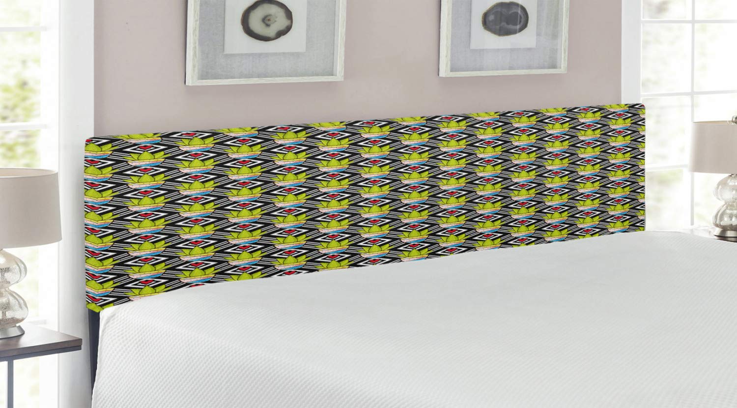 Ambesonne King Size Upholstered Metal Bed Headboard with Memory Foam - Cactus & Geometric Diamond Pattern Design, Multicolor Decorative Headboard for Bedroom, Living Room or Guest Room
