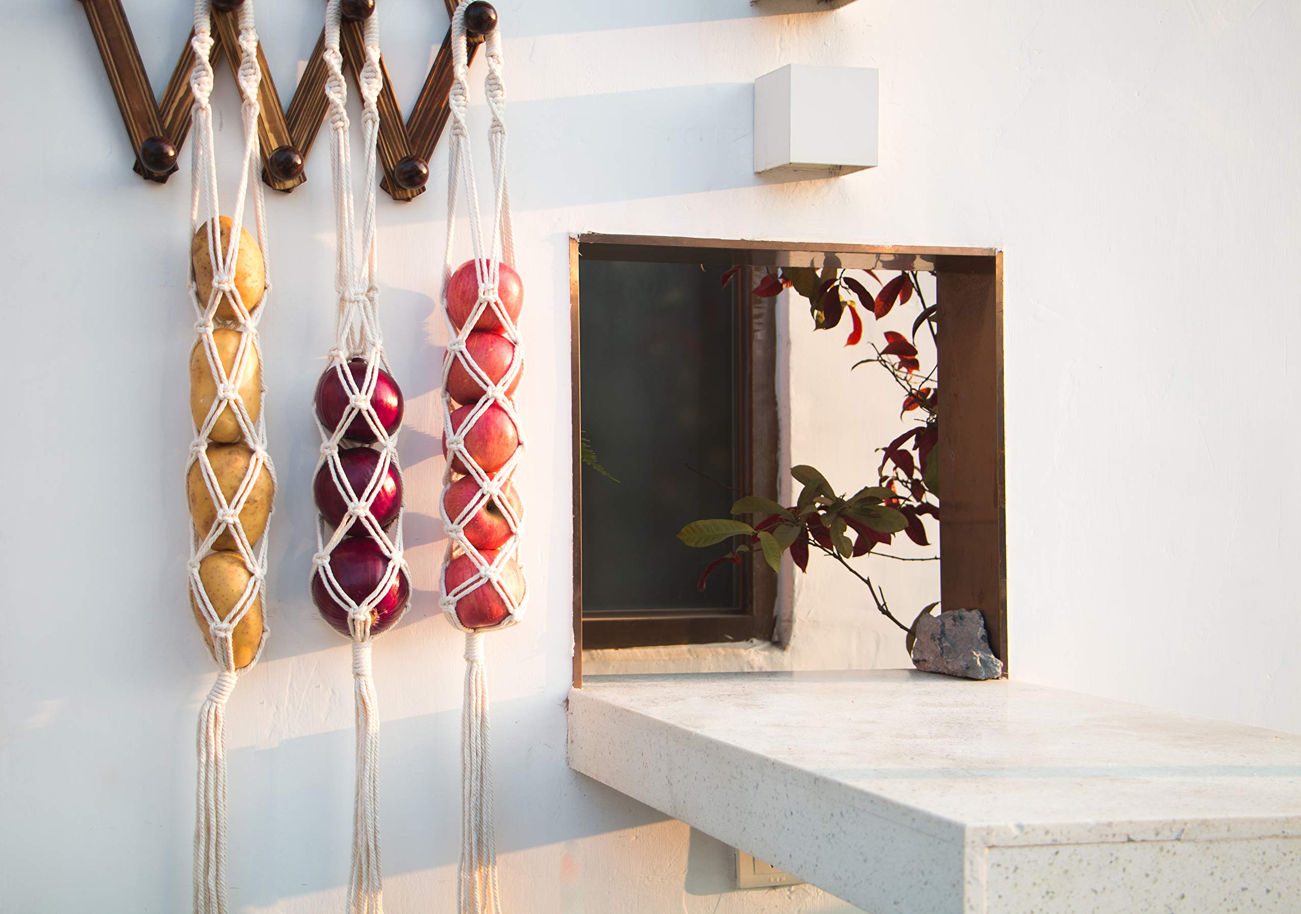 Decocove Macrame Hanging Fruit Basket Set of 3 - Boho Kitchen Storage for Potatoes, Onions & Fruits - Handwoven Wall Decor for Farmhouse, Apartment & Dorm Room - Perfect for Organizing Produce & Adding Boho Chic Style