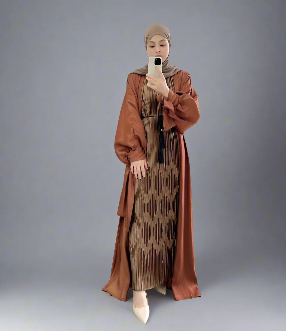 Gleam Open Cardigan Abaya with Pleated Inner Dress - Modest Muslim Fashion for Prayer, Eid & Special Occasions