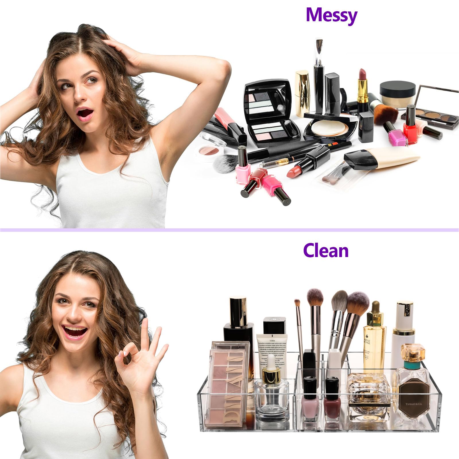 Clear Large Makeup Organizer with 8 Divided Cosmetic Slots - Countertop Vanity Storage for Bathroom, Dresser & Drawer Organization | Perfect for Cosmetic Display, Travel & Daily Beauty Routine