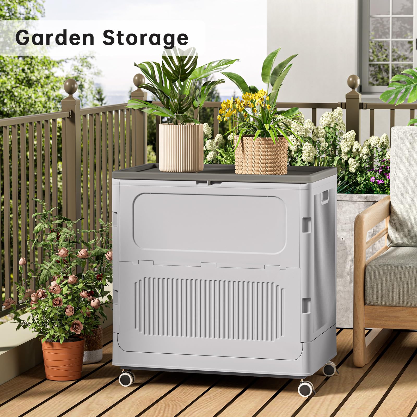 HAIXIN 157 QT Collapsible Plastic Deck Box with Wheels & Lockable Lid - Outdoor Storage Container for Patio Cushions, Garden Tools, Toys, Parcel Delivery - UV Resistant Dark Grey Organizer for Backyard, Poolside & Garage Storage