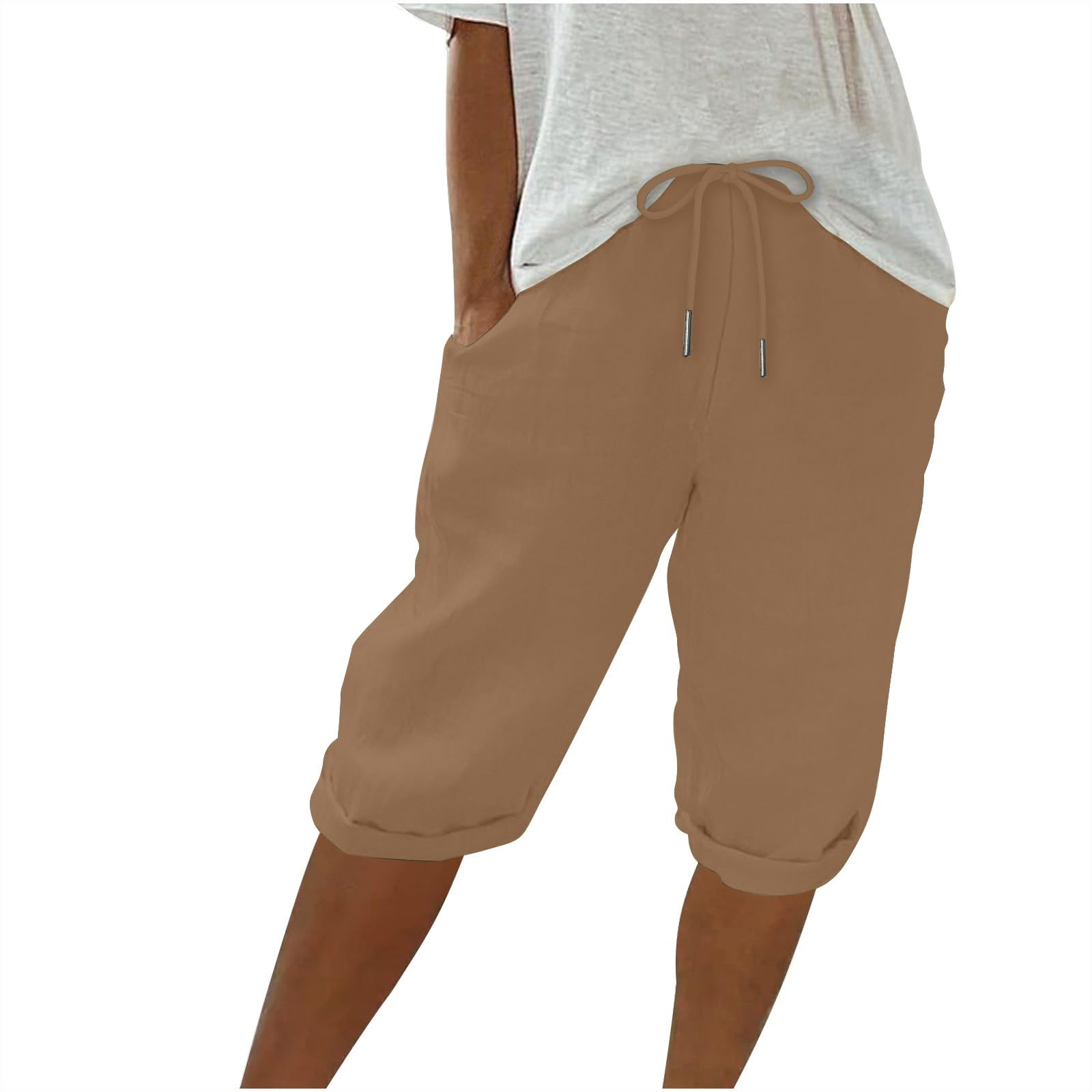 Women's Linen Bermuda Shorts - High Waisted Summer Shorts with Pockets for Beach & Lounge