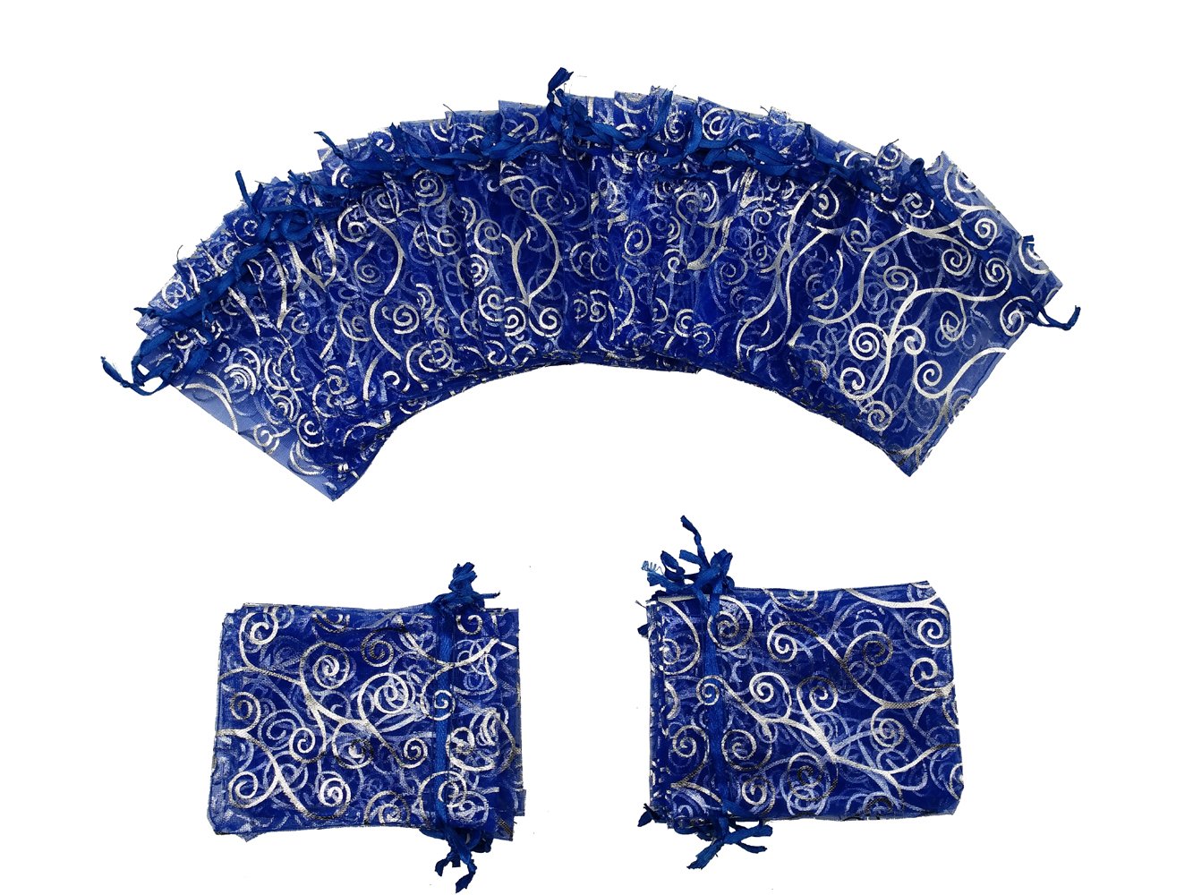 100pcs Blue Sheer Organza Favor Bags 3x4 Inch - Wedding, Baby Shower, Party Gift Bags with Drawstring - Rattan Print Organza Pouches for Candy, Jewelry, Party Favors & Sample Displays