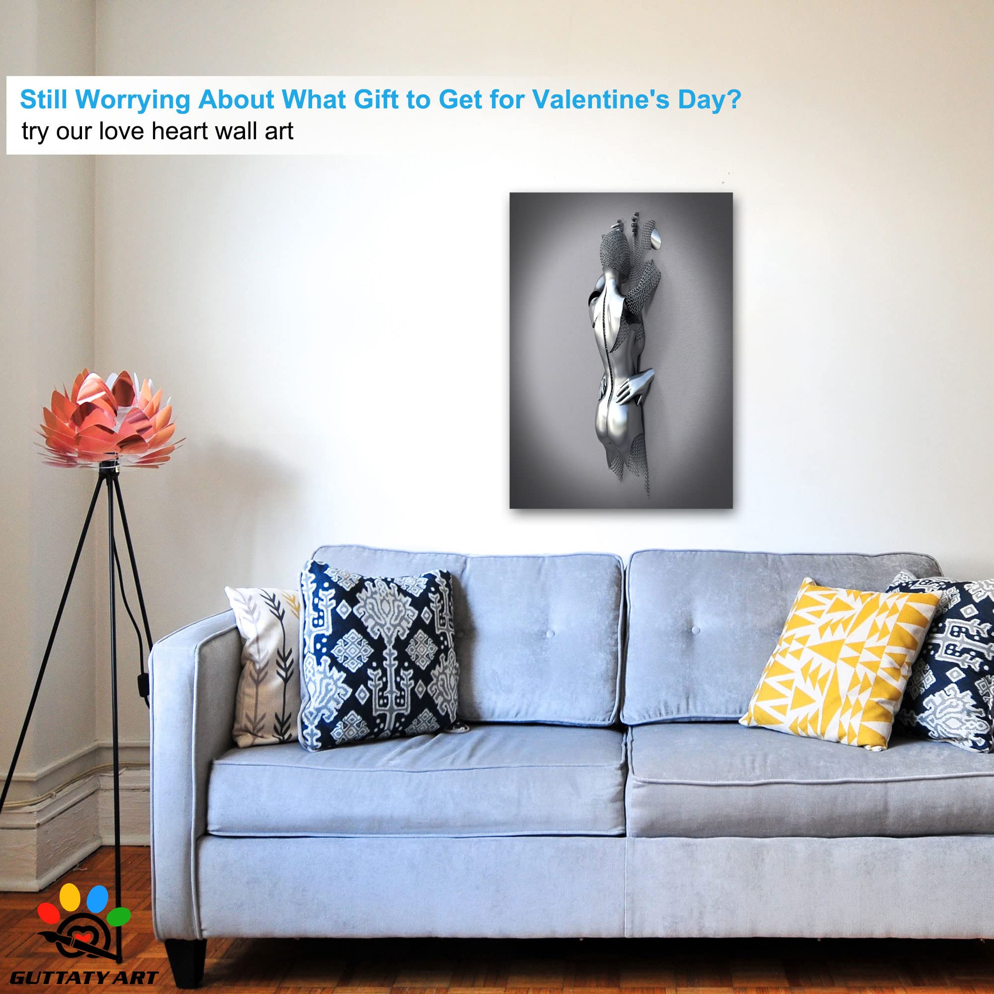 3D Metal Effect Love Heart Gray Canvas Wall Art - Romantic Hugging Couple Painting for Bedroom & Living Room Decor - Valentine's Day Gift for Couples (28x40 Inches) - Perfect for Anniversary, Wedding & Home Interior Design