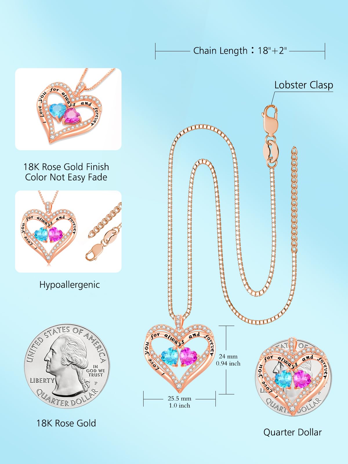 Rose Gold Heart Double Birthstone Necklace - Personalized Birthstone Jewelry for Women, Wife, Girlfriend, Mom & Grandma - 12 Gemstone Options - Meaningful Birthday, Mother's Day & Anniversary Gift - Perfect for Valentine's Day, Weddings & Special Occasions