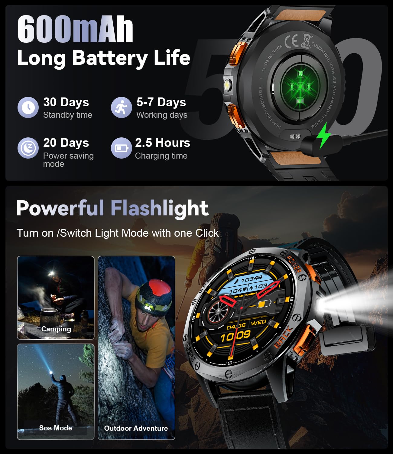 LIGE GPS Military Smart Watch for Men - Rugged Outdoor Sports Watch with LED Flashlight, Compass, 45-Day Battery & IP68 Waterproof - 1.43