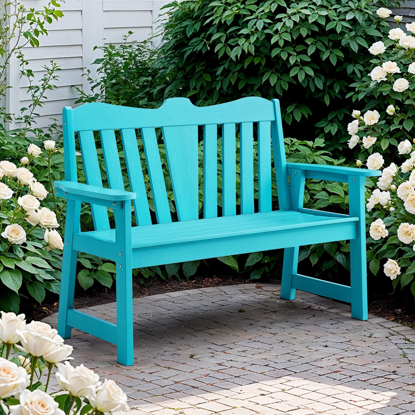 **2-Person Weatherproof Outdoor Bench - All-Weather Garden & Patio Furniture with Wide Armrests & Backrest - Rot & Fade Resistant for Porch, Backyard, Park - Easy Assembly in Blue - Perfect for Relaxing in Gardens, Decks & Outdoor Spaces**