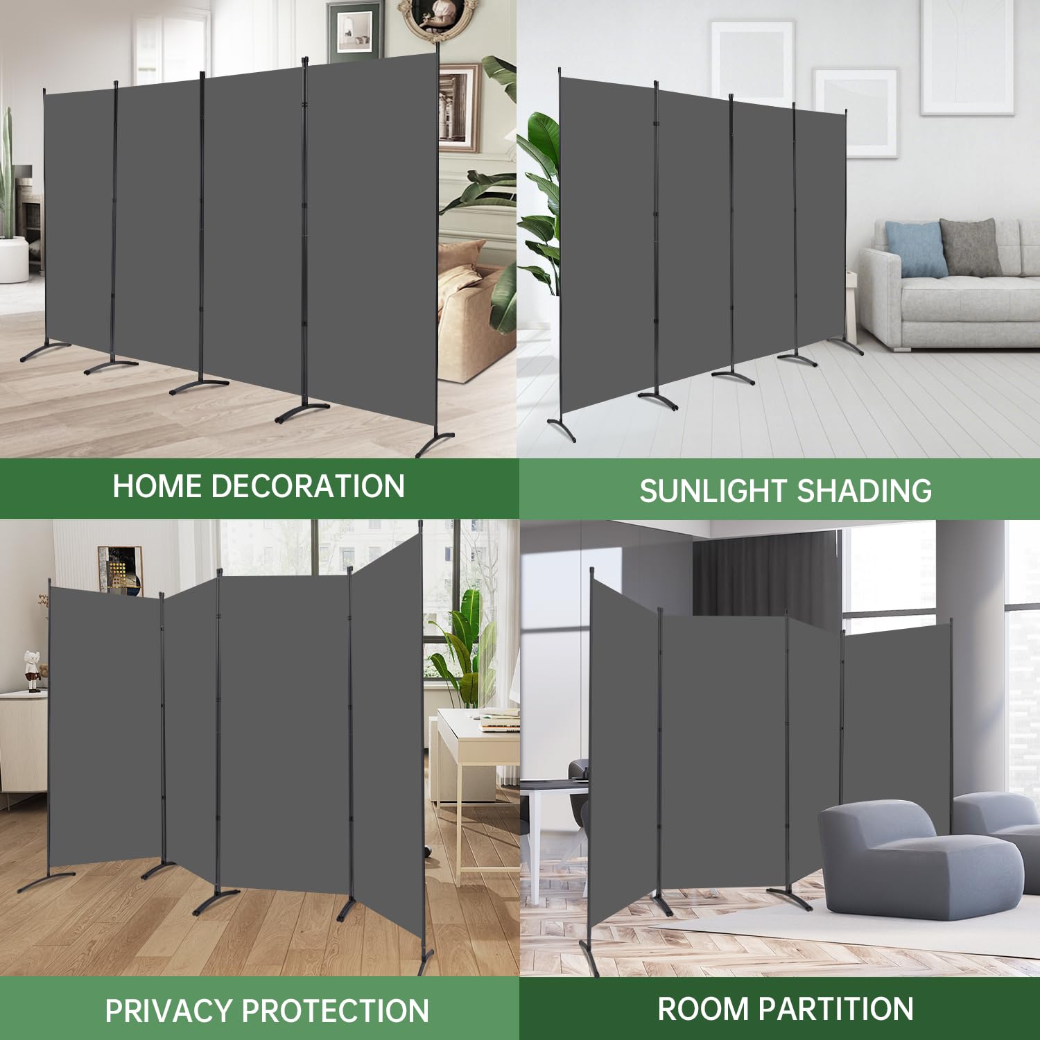 YASRKML 4-Panel Folding Room Divider Privacy Screen - Portable Freestanding Partition Panel with Fabric for Home, Office & Event Separation - Grey | Ideal for Bedroom Privacy, Office Space Division & Wedding Decor