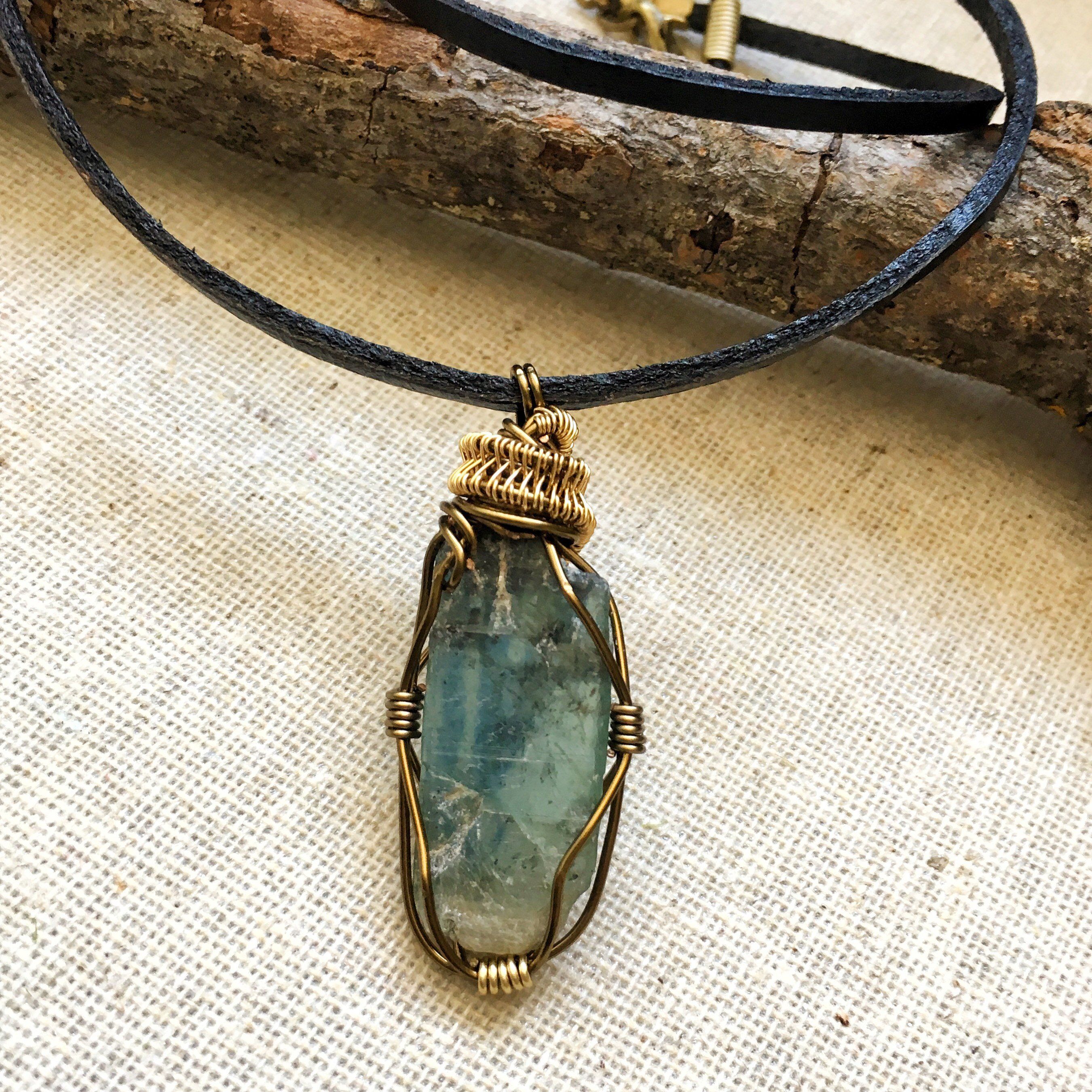 Handmade Gold & Antique Bronze Wire Wrapped Raw Green Kyanite Pendant Necklace - Natural Crystal Jewelry for Women, Boho Chic Gift, Spiritual Healing & Everyday Wear
