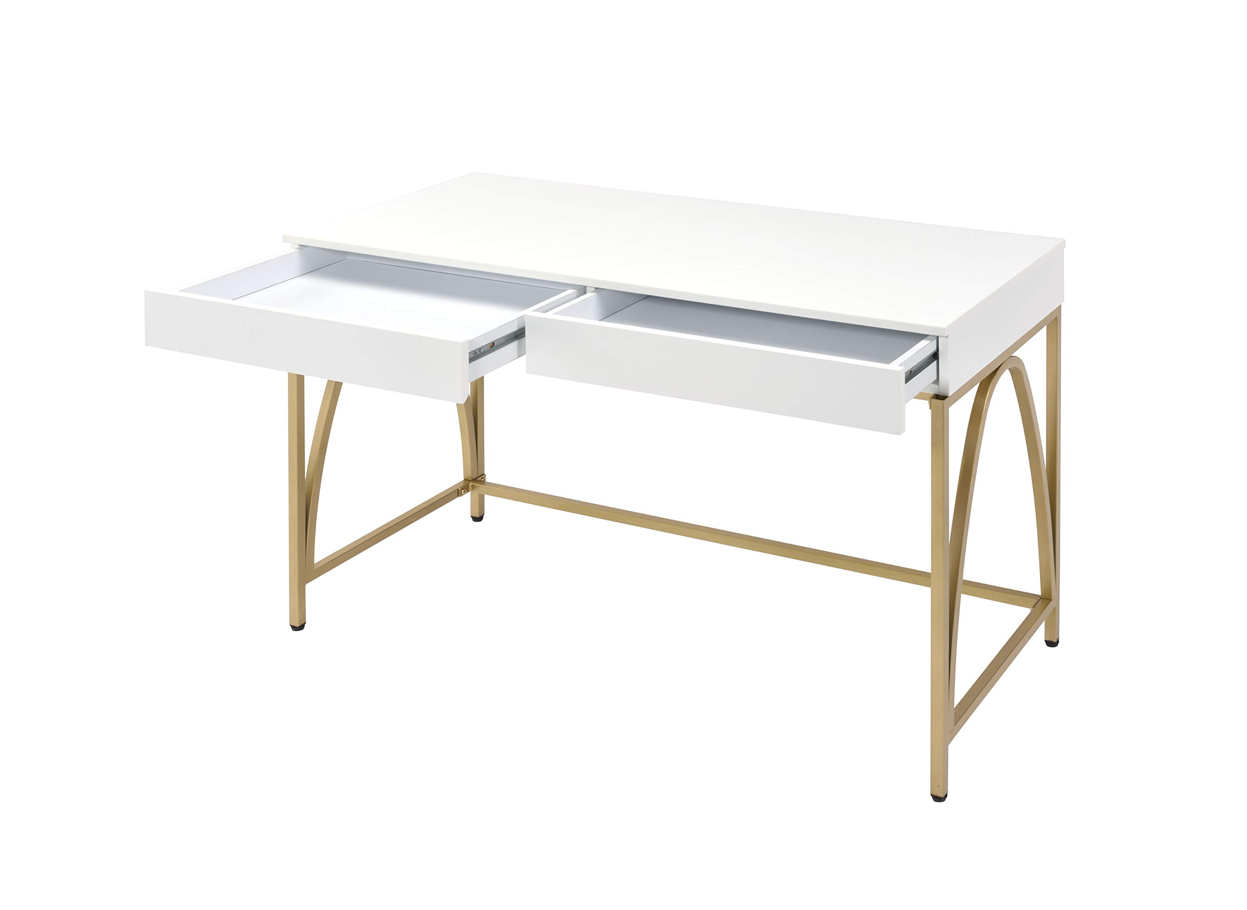Benjara White and Gold Rectangular Wooden Desk with 2 Drawers & Metal Legs - Modern Home Office & Study Writing Table for Small Spaces