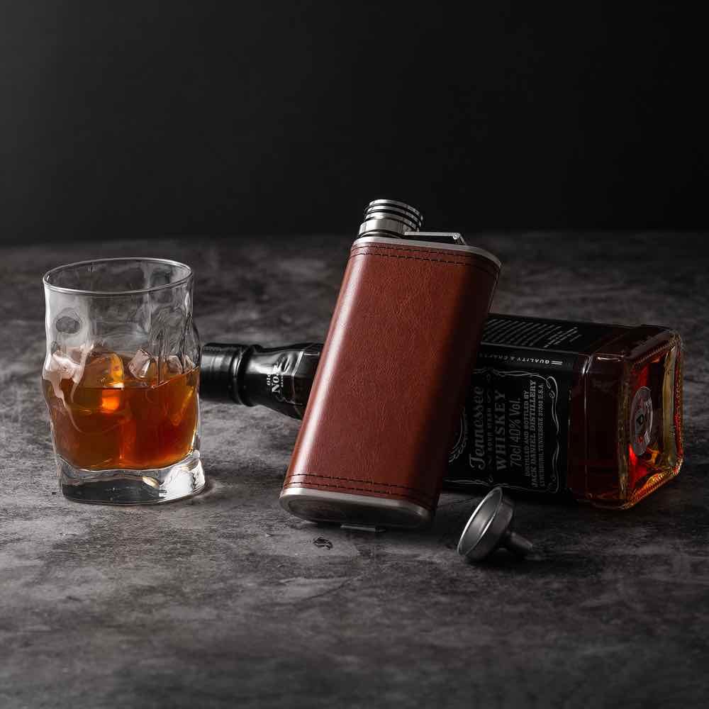 Brown PU Leather 8oz Grip Cap Pocket Flask with Funnel (2-Pack) - Perfect for Bourbon, Whiskey & Outdoor Adventures | Camping, Hiking, Travel & Gifts