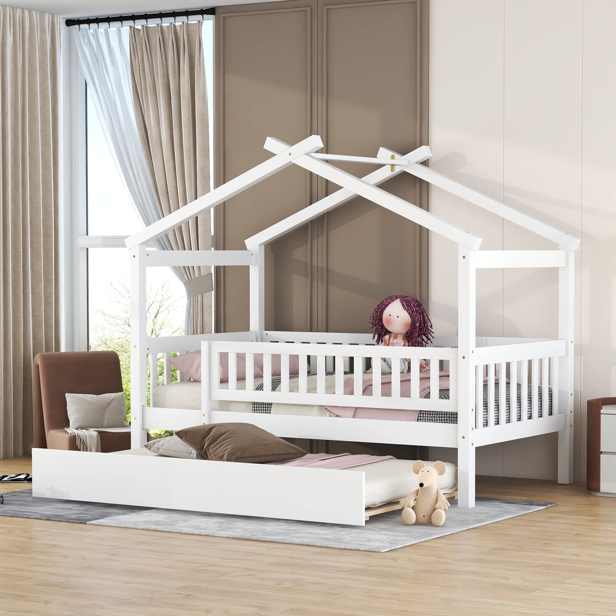 Harper & Bright Designs Twin Size Wooden House Bed with Trundle - Kids Bed Frame with Roof & Fence Design for Boys & Girls - Perfect for Bedrooms, Playrooms & Sleepovers (White)